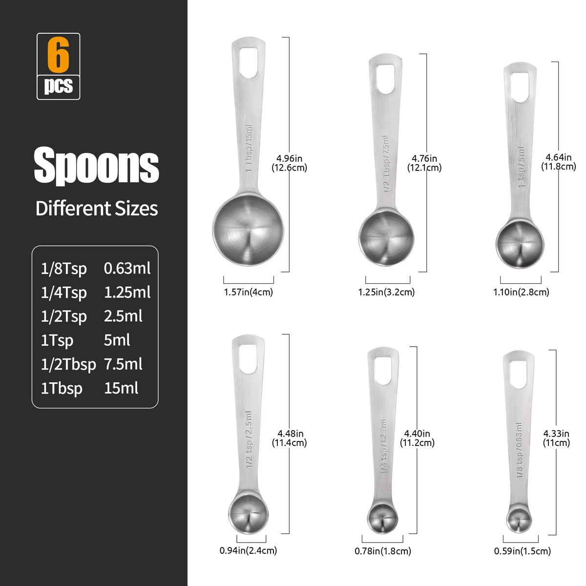 18 8 Stainless Steel Measuring Spoons with Engraved Metric (6 Count)