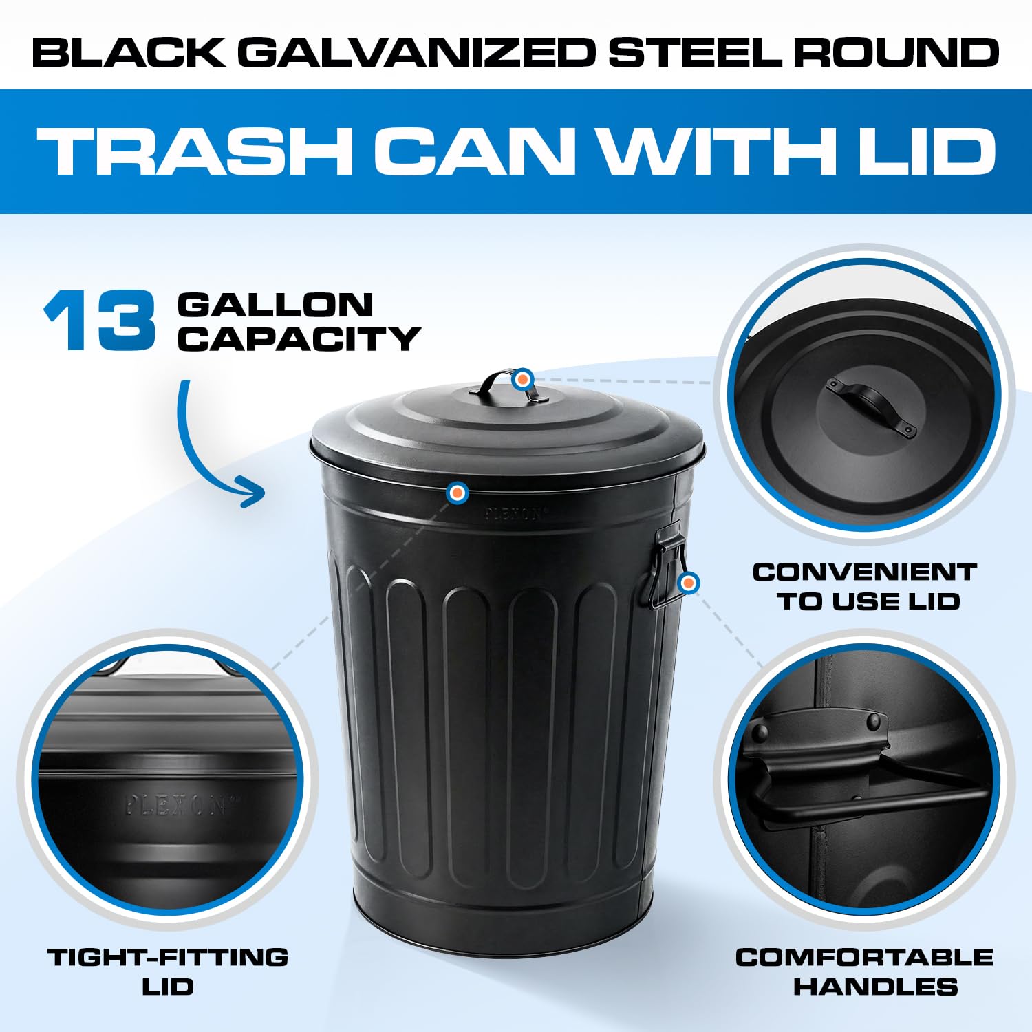 Metal Trash Can with Lid 13 Gallon