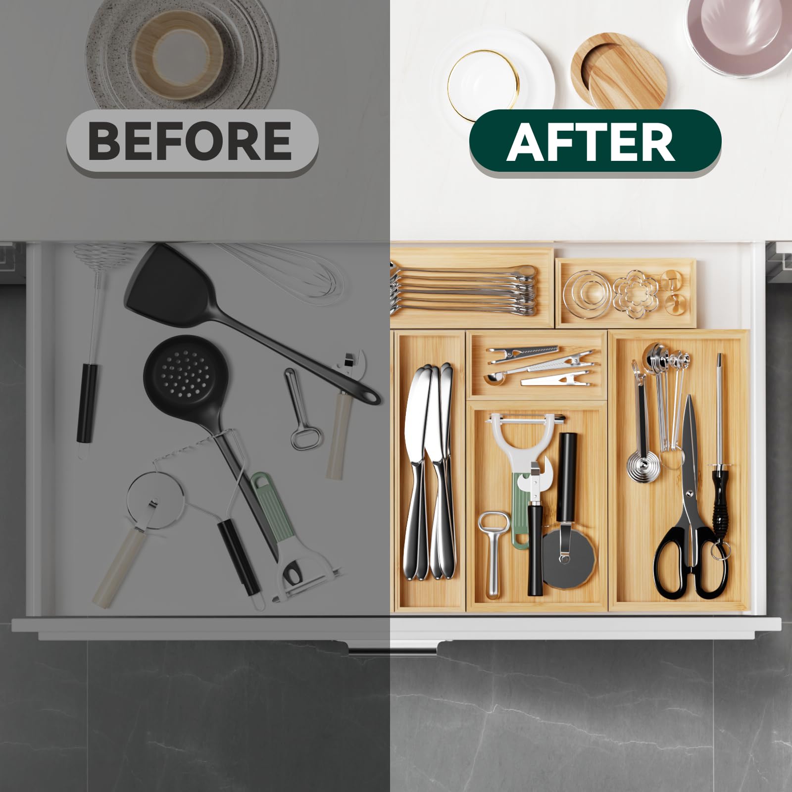 Bamboo Drawer Organizer for Kitchen Utensils (2 Count)