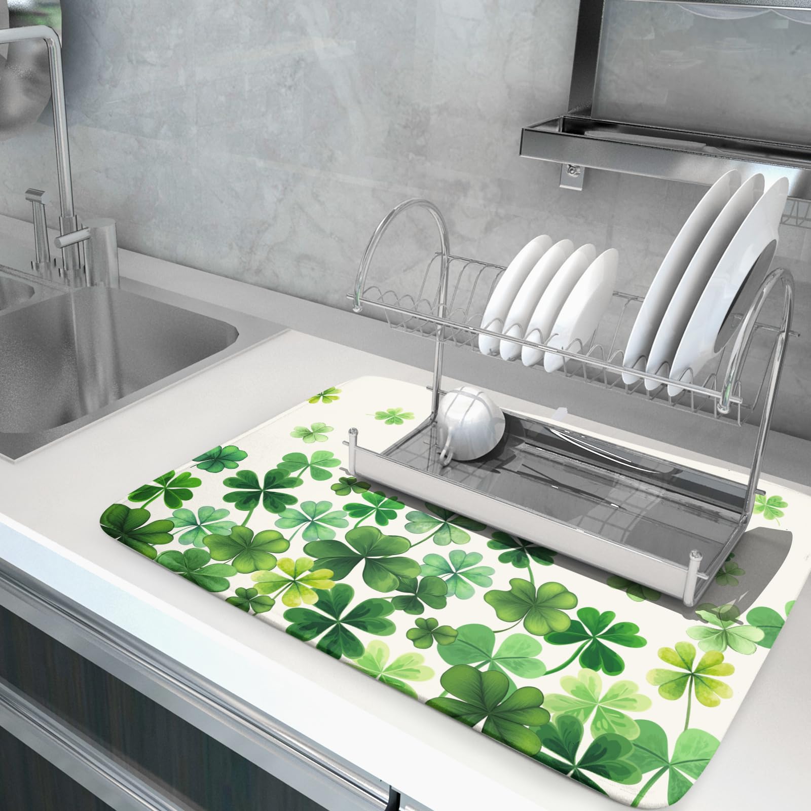 Happy St. Patrick's Day Dish Drying Mat for Kitchen Green Kitchen Dish Drying Mat for Dishes Spring Lucky Clover Shamrock Drying Mats 18x24 Inch Absorbent Reversible Dish Pad for Countertop Coffee Bar