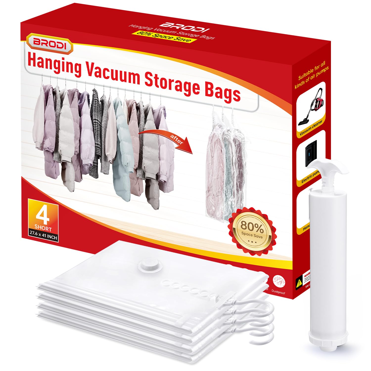 Hanging Vacuum Storage Bags For Clothes With Hand Pump (4 Count)