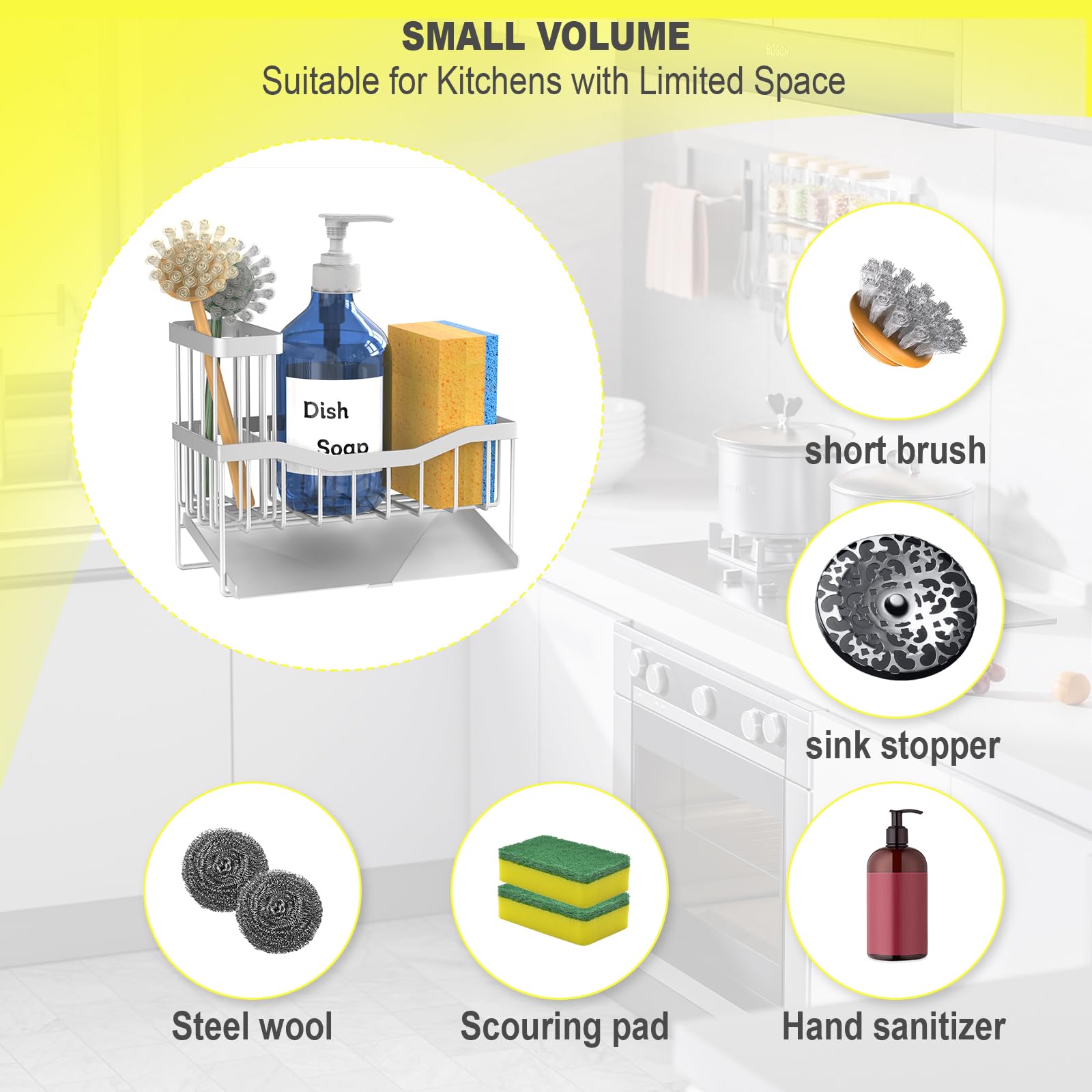 Maifan Sink Caddy Sponge Holder for Kitchen with Brush Holder and Stainless Steel Self Drain Tray