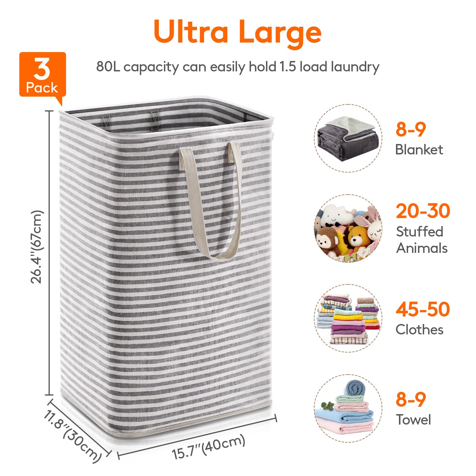 3 Pack Laundry Basket 80L Each (3 Count)