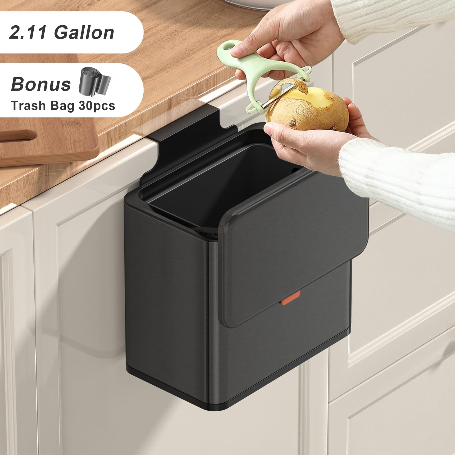 1.05 Gal Brushed Black Hanging Stainless Steel Compost Bin