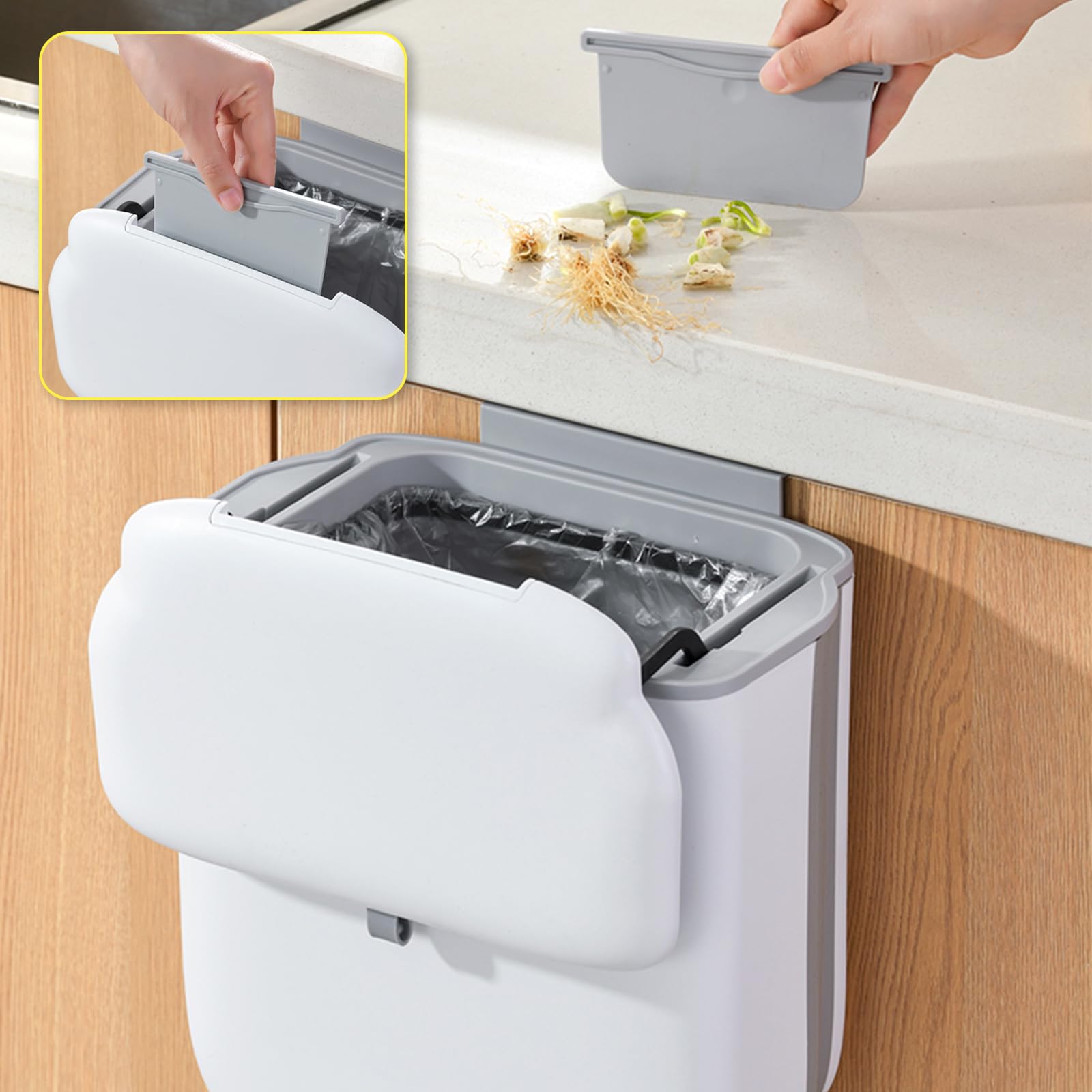 3.2 Gallon Foldable Hanging Trash Can with Lid for Cabinet Door