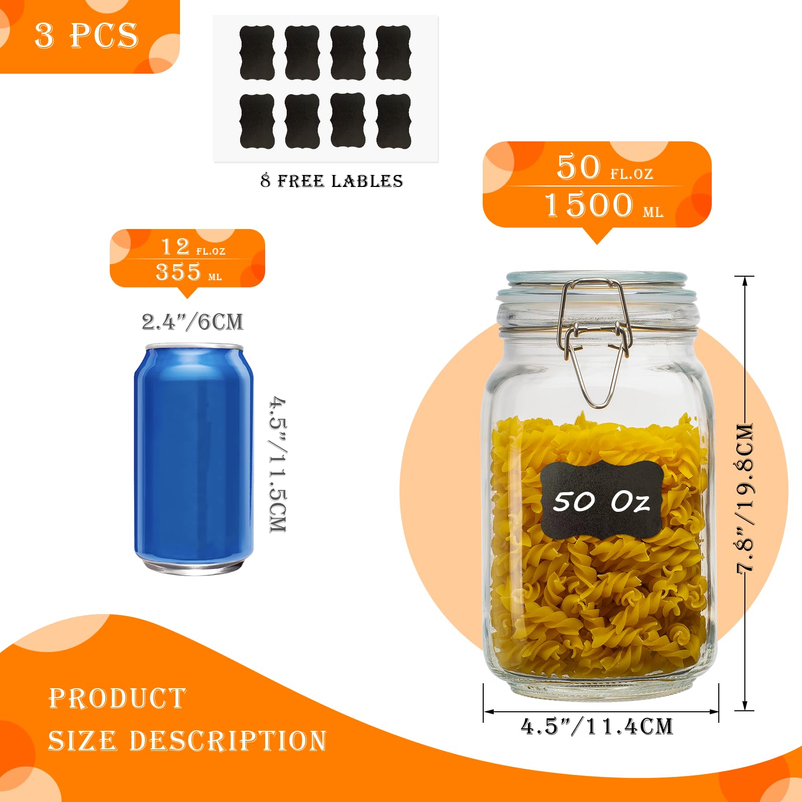 50oz Square Glass Food Storage Jars with Airtight Clamp Lids 3 Pack (3 Count)