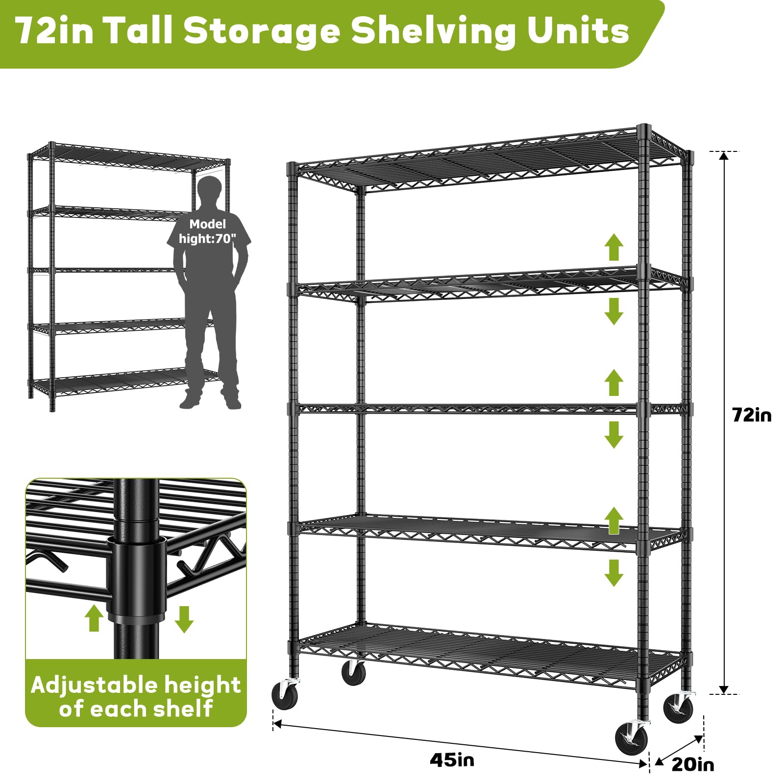 45" W x 20" D x 72" H Wire Shelving Unit with Lockable Wheels