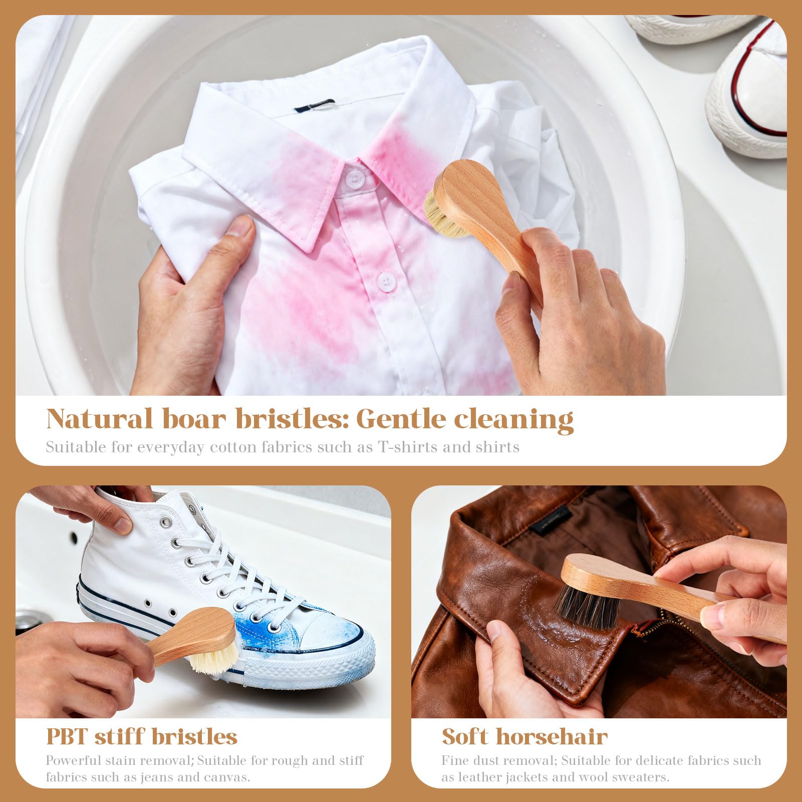 3 Pcs Wooden Laundry Stain Brush Stain Remover Dauber Brushes with Round Head Boar Bristle Small Stain Brush for Clothes for Scrubbing Stains from Furniture Fabric Leather (3 Count)