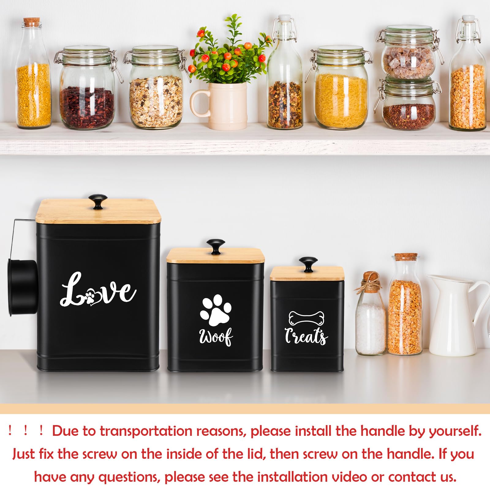 Metal Dog Treat Containers Set of 3 with Bamboo Lids and Spoon Airtight 7+3+2 lbs Dog Food Snack Jars with DIY Labels Big Pet Cookie Storage Jar for Kitchen Counter (3 Count)