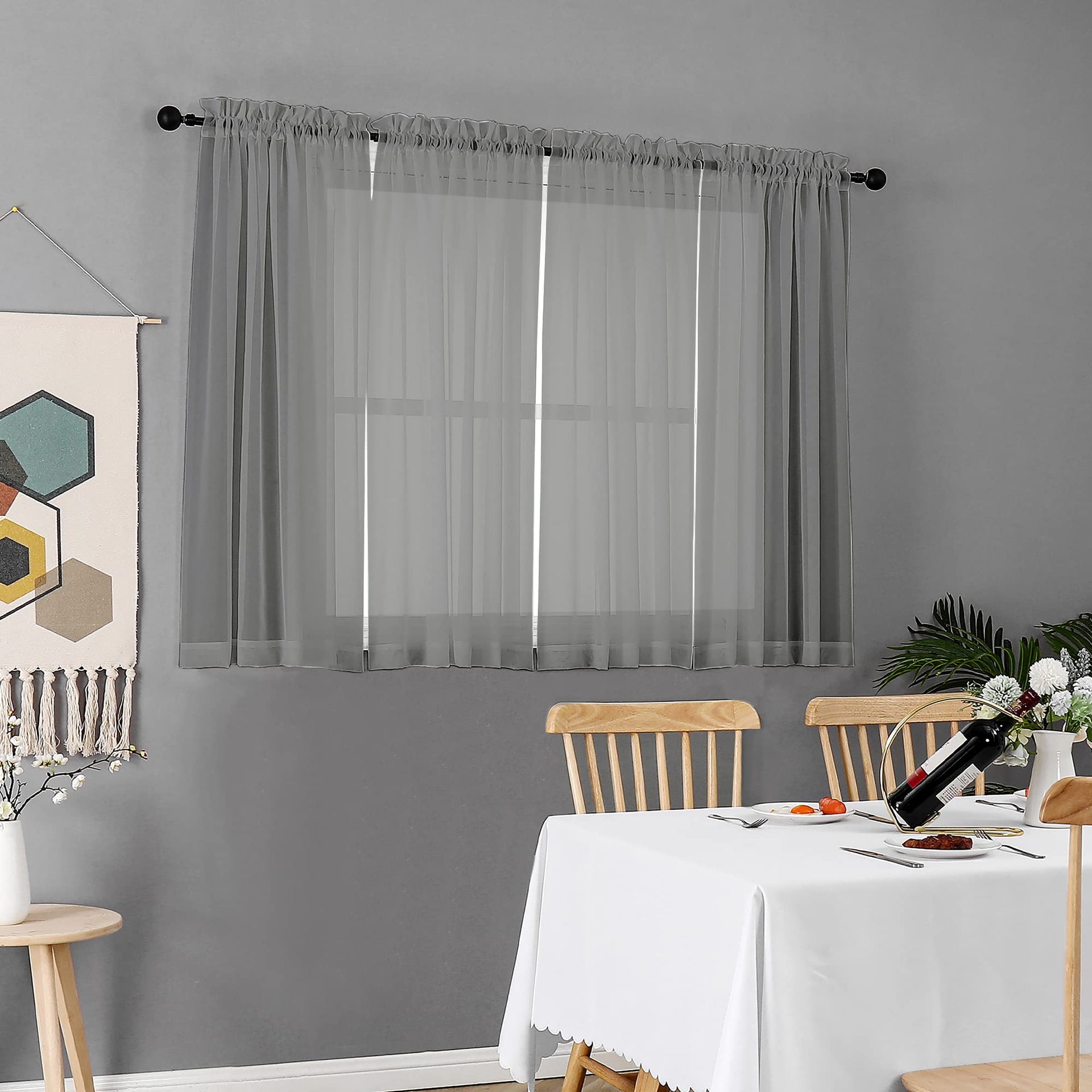 Charcoal Grey Sheer Curtains 45 Inch Long 2 Panels