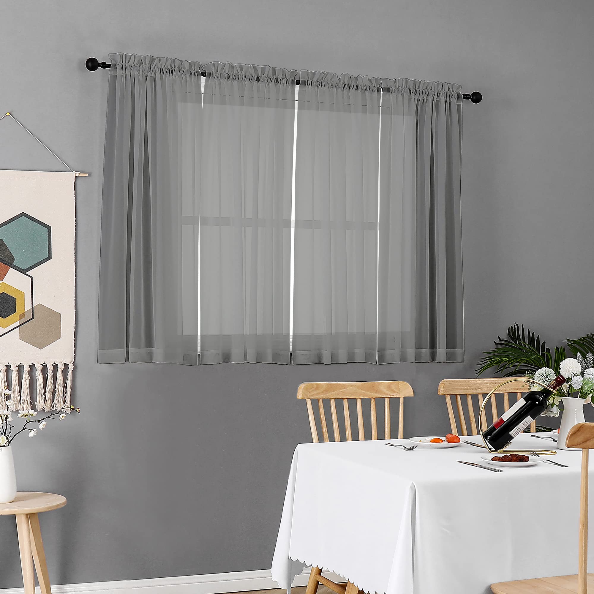 Charcoal Grey Sheer Curtains 45 Inch Long 2 Panels