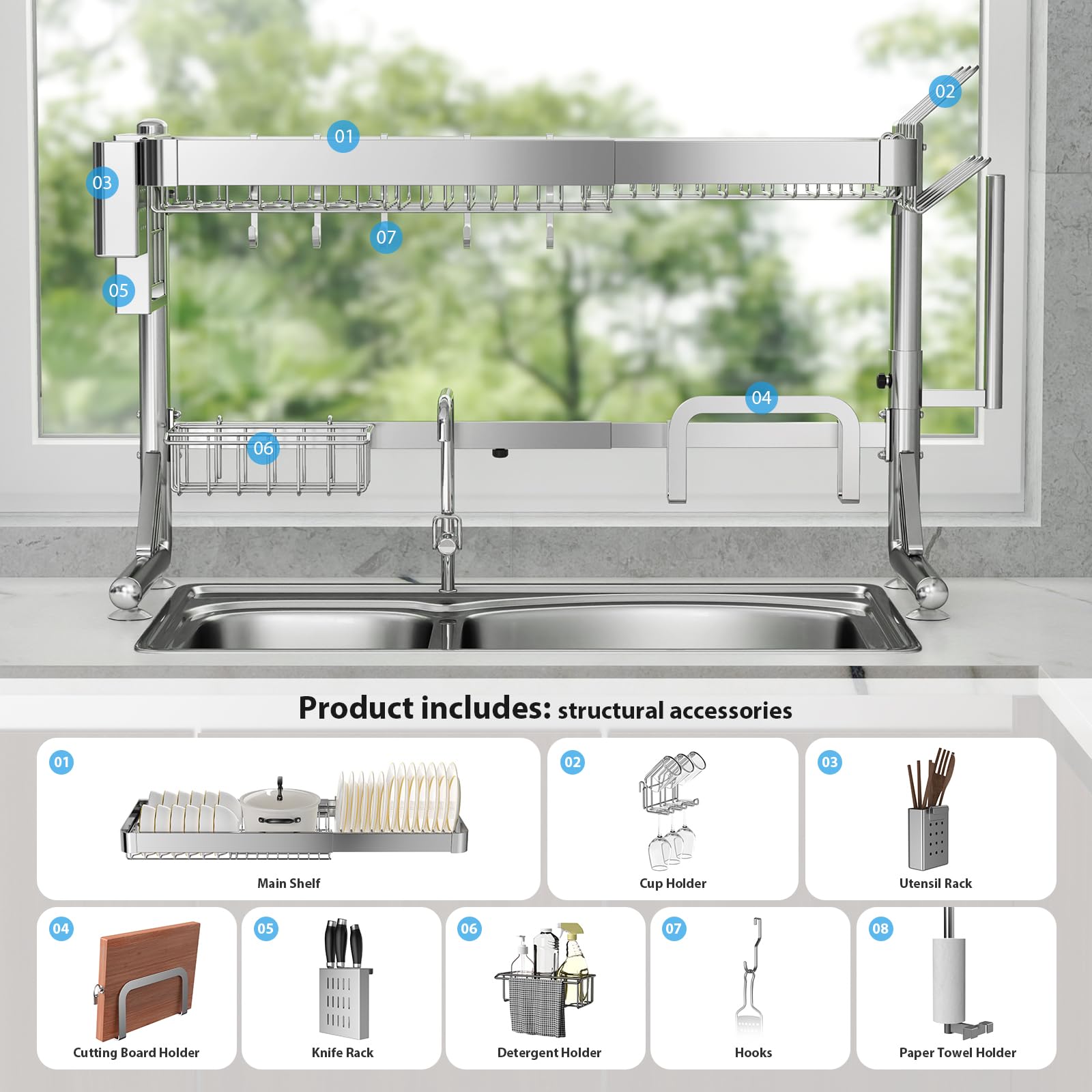 Over The Sink Dish Drainer Drying Rack 2 Tier Adjustable Width