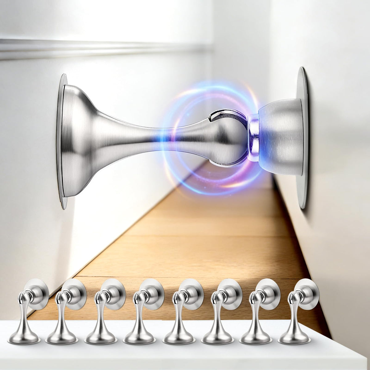 Brushed Nickel Magnetic Door Stoppers for Bottom of Door (8 Count)