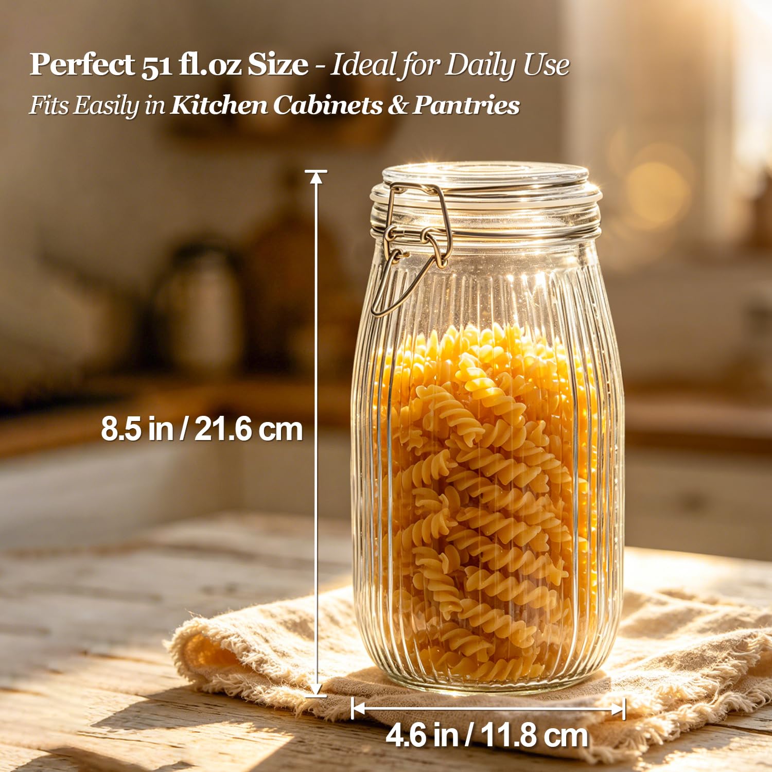Large Ribbed Glass Jars with Airtight Lids 51 oz 3 Pack Wide Mouth (3 Count)
