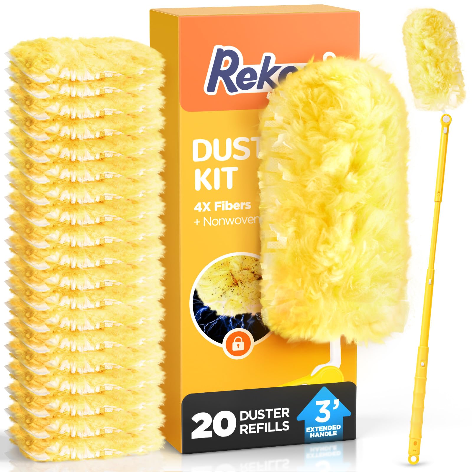 Heavy Duty Duster Refill Kit for Swiffer Duster with 3 ft Extension Pole & 20 Count Refills