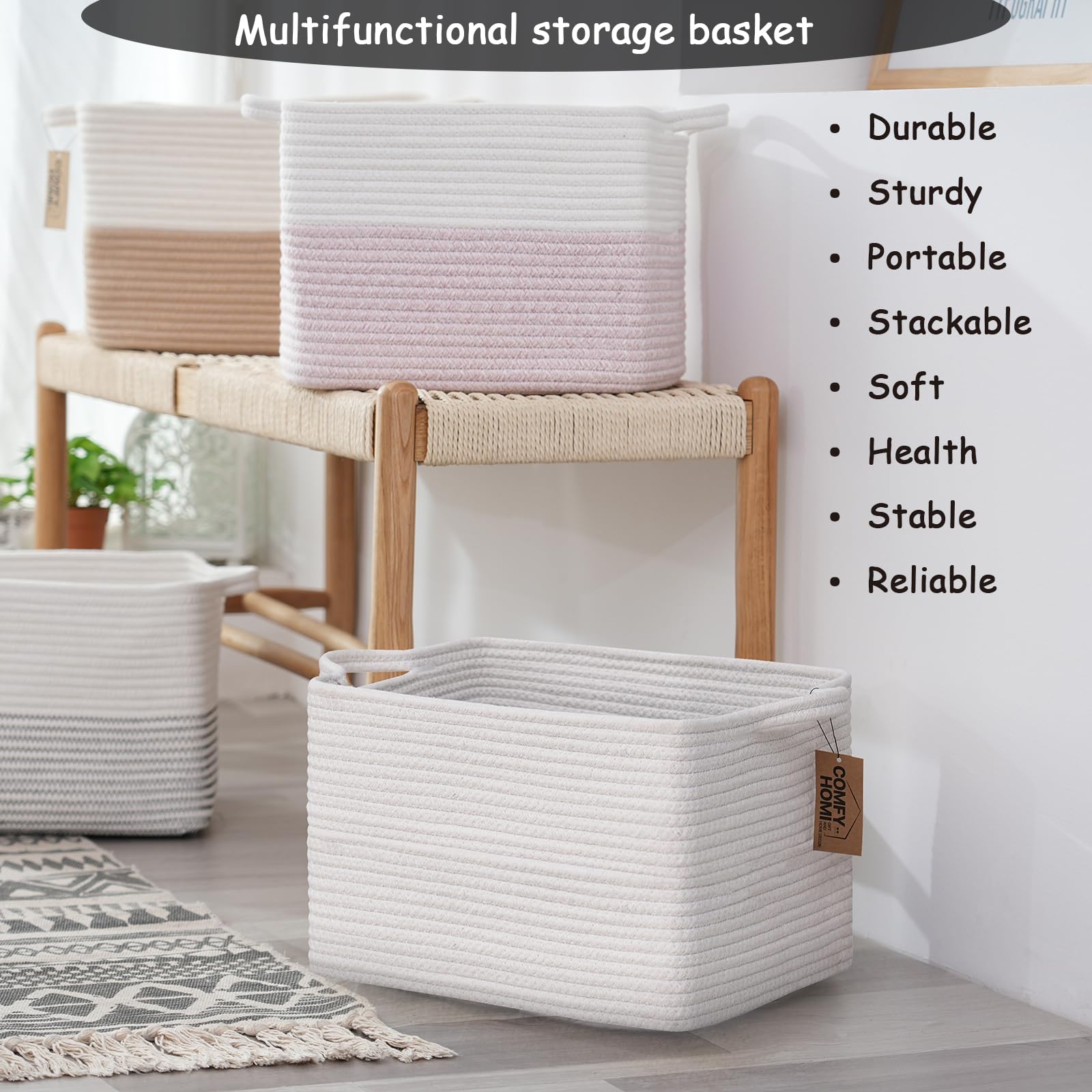 3PACK Cotton Rope Square Basket with Handles for Shelves (3 Count)