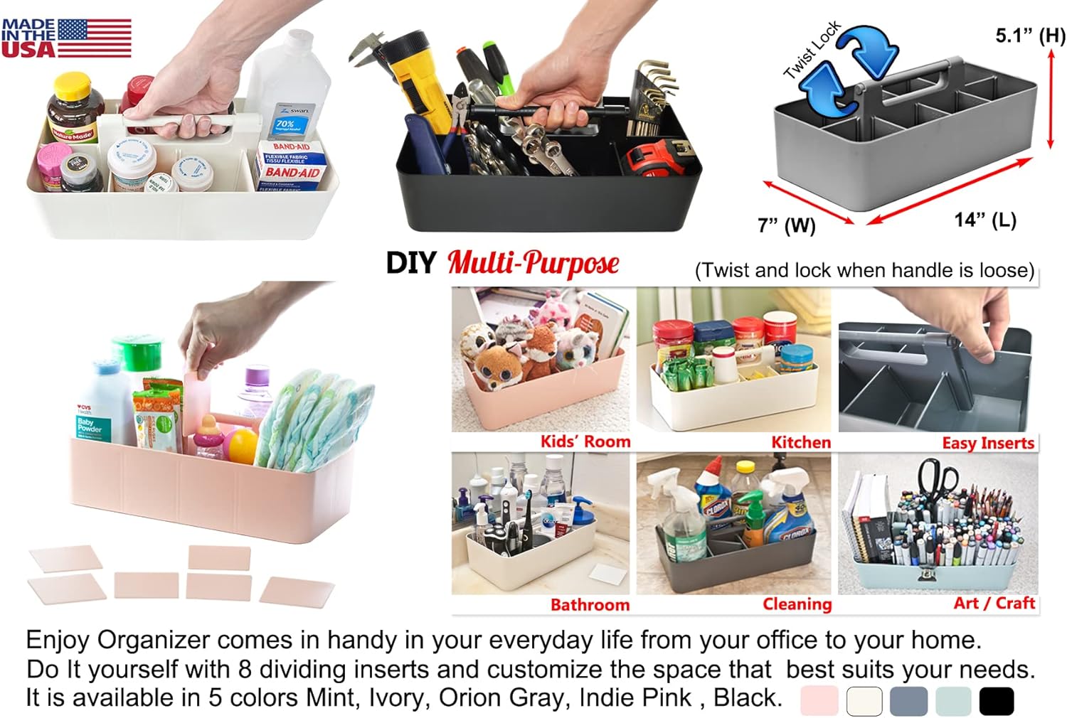 2 PACK Portable DIY 8 Dividers Durable Plastic Tote Tool & Supply Cleaning Caddy with Handle Made In USA (Royal Purple)