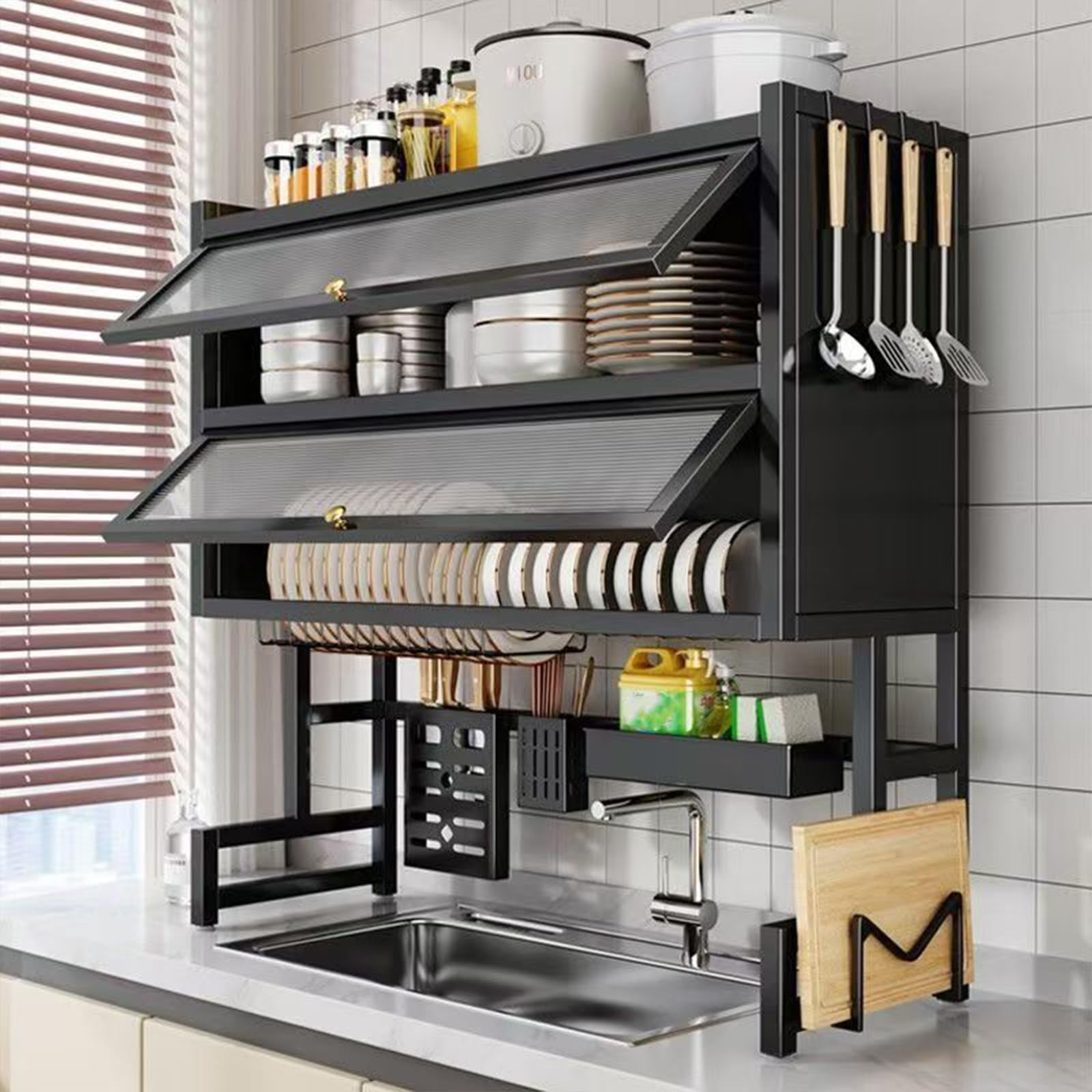 Over The Sink Dish Drainer Drying Rack 4 Tiers with Cover