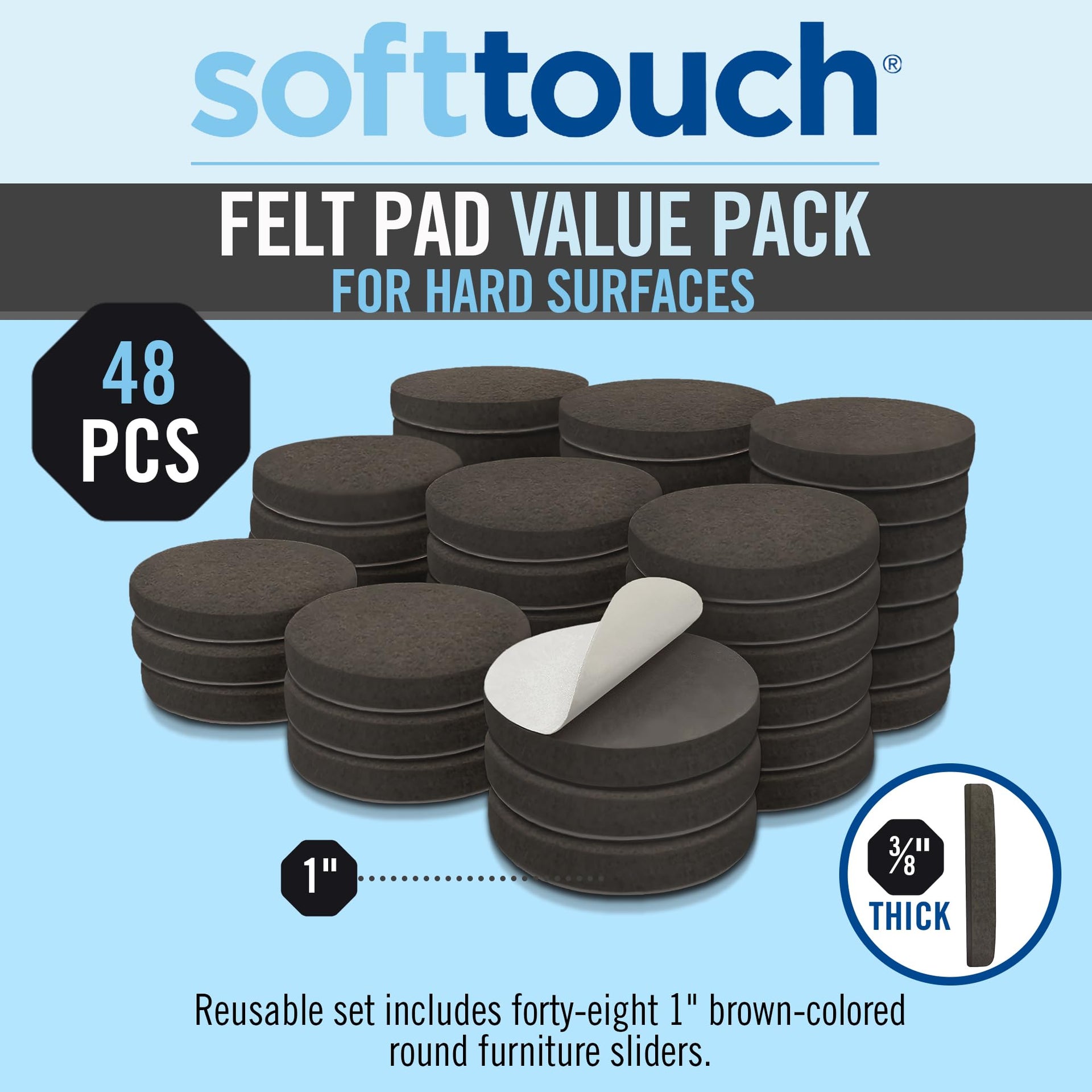 SoftTouch 1" Round Reusable Felt Furniture Sliders for Hard Surfaces (48 Count)