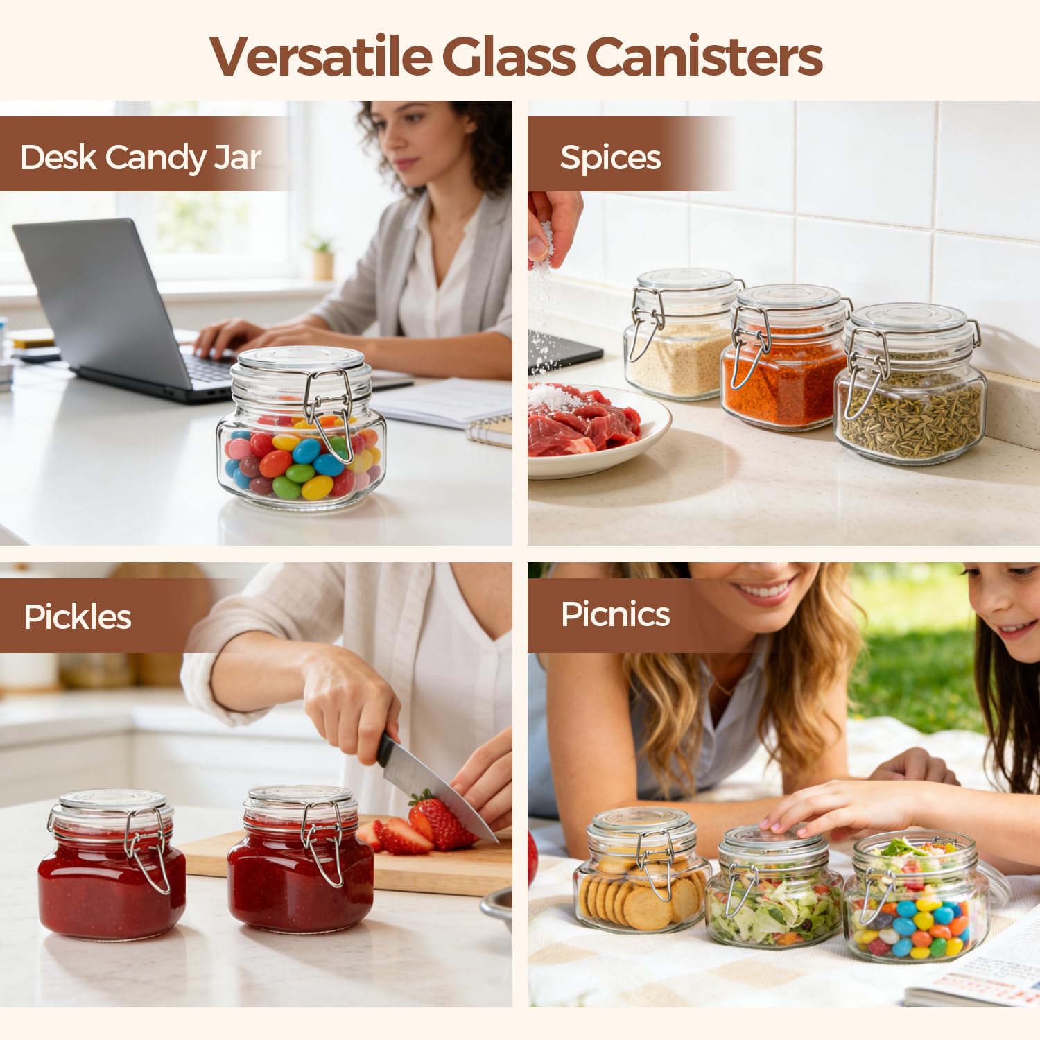 Square Small 17 oz Glass Jars with Airtight Lids 6 Pack Wide Mouth (6 Count)