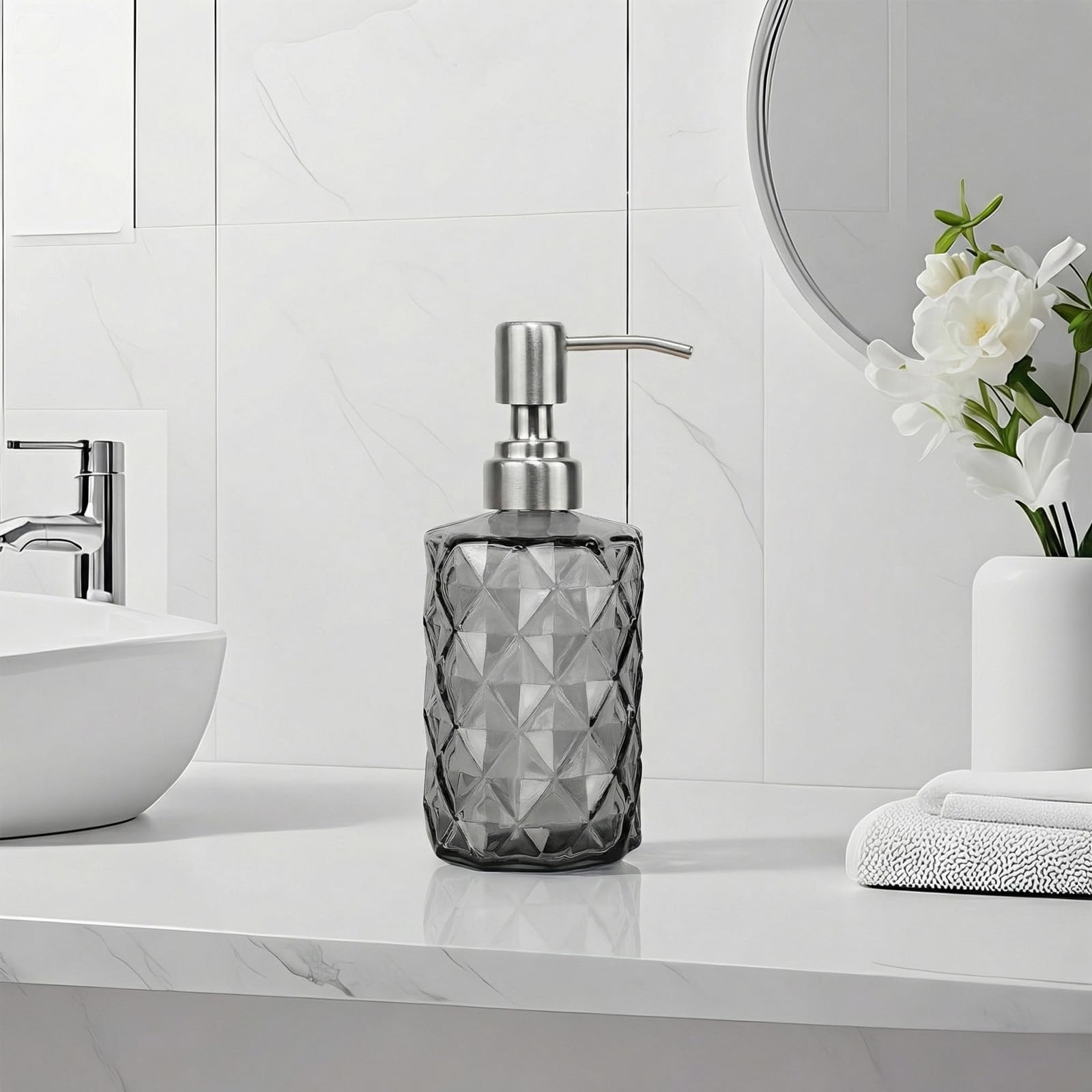 12Oz Gray Glass Soap Dispenser
