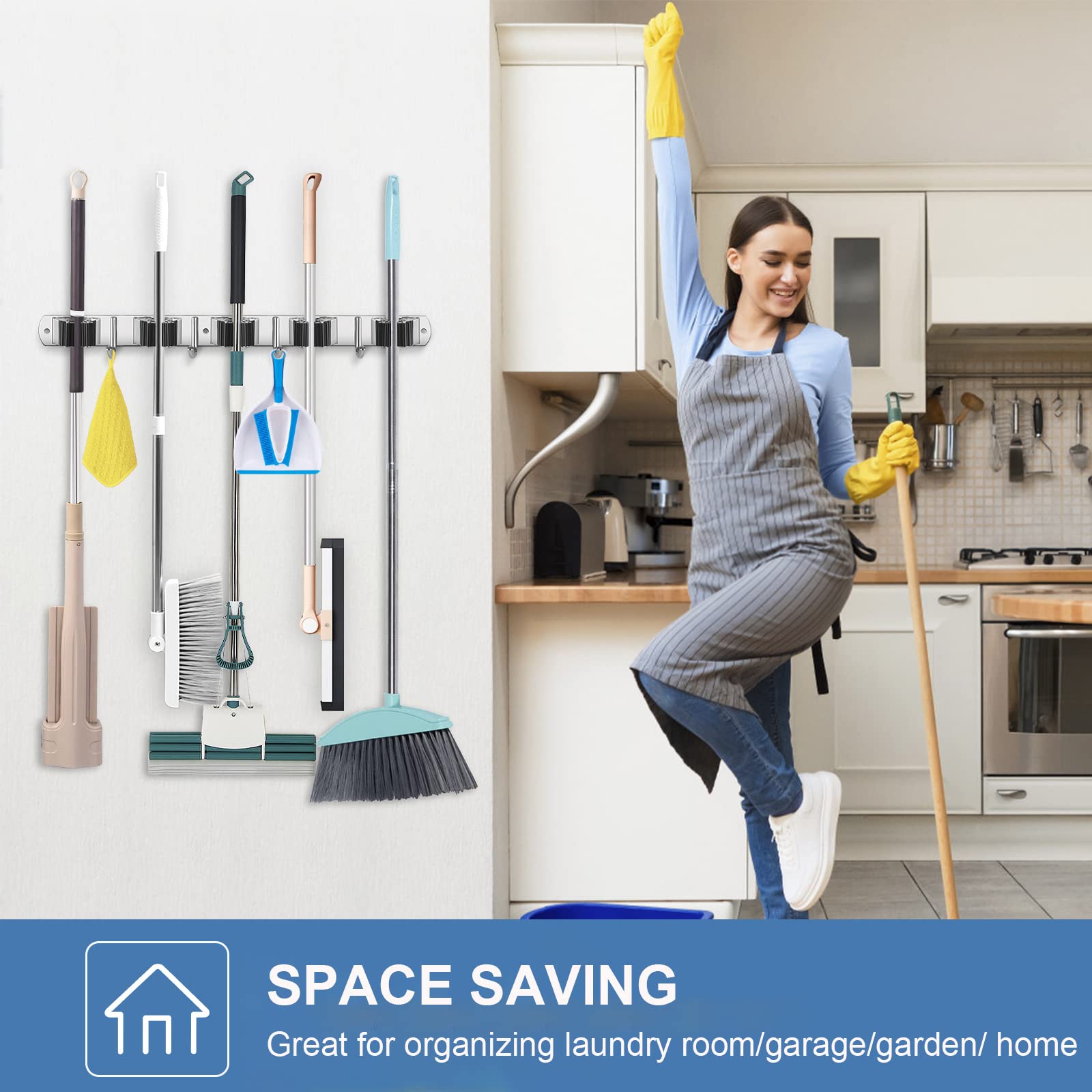 2 Pack Broom Holder Wall Mount Stainless Steel Mop Organizer (2 Count)