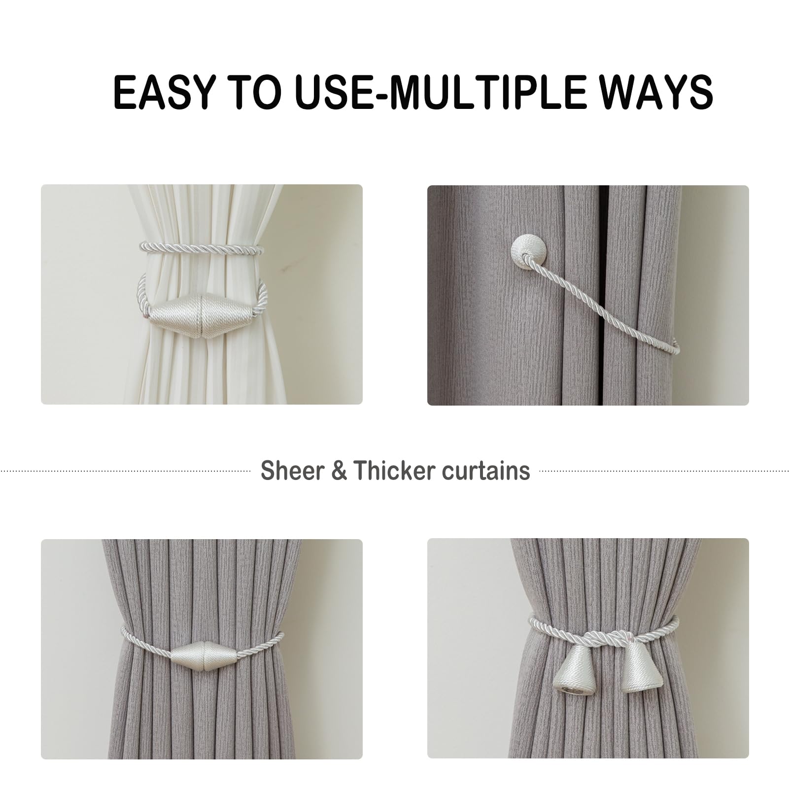 Magnetic Curtain Tiebacks 2 Pack Outdoor Rope Curtain Tie Backs Decorative Window Treatment Holdbacks for Home Decorative Curtain (2 Count)