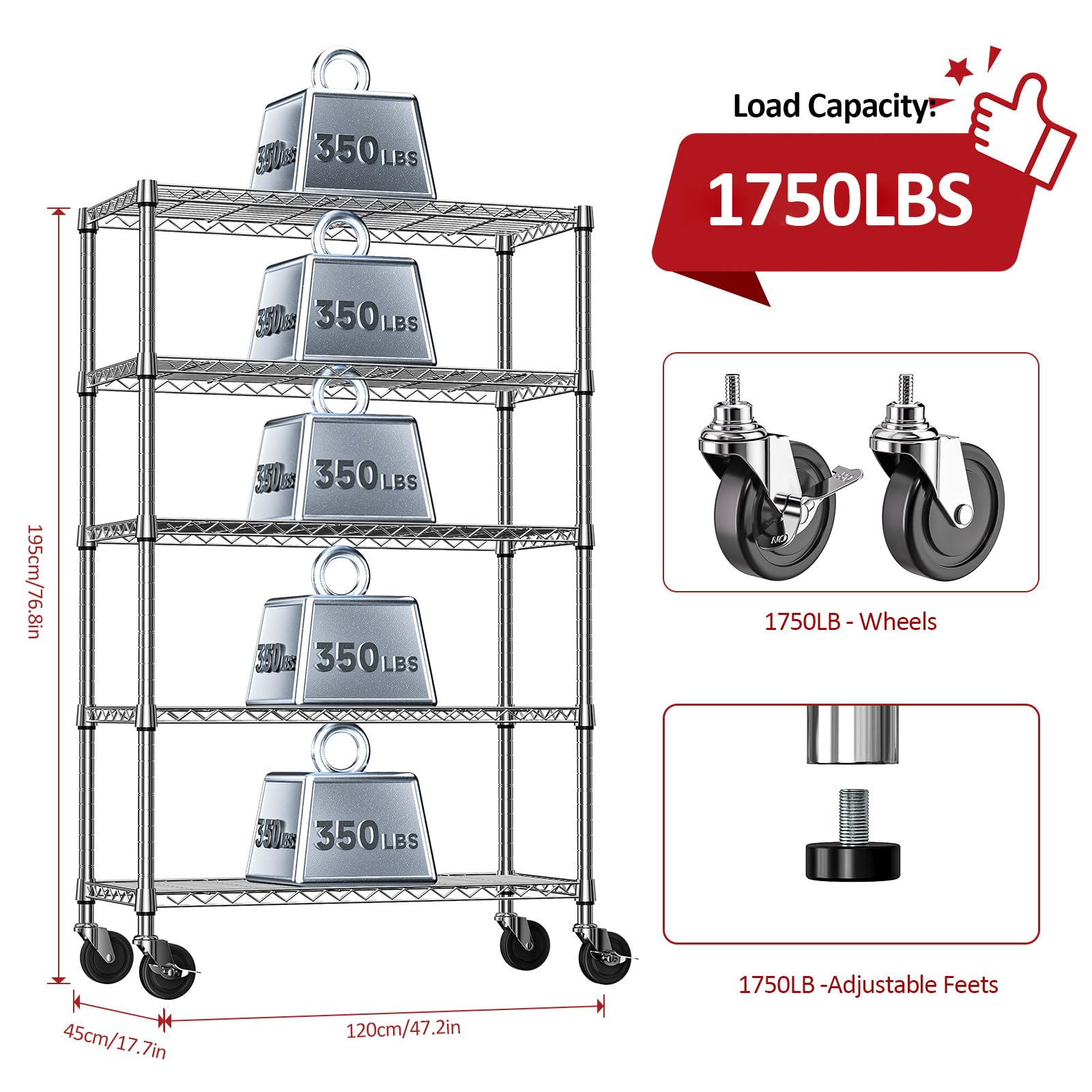 5 Tier Storage Shelving Unit with Wheels (5 Count)