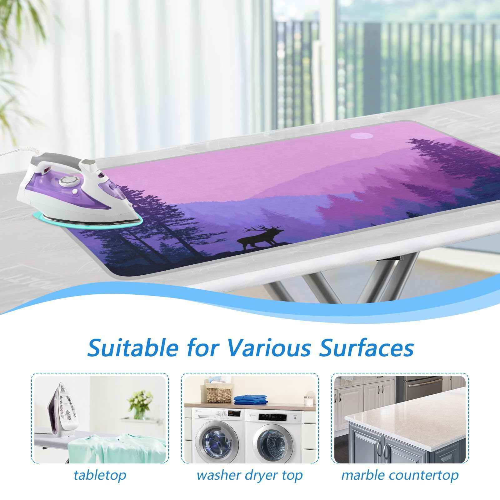 Purple Stag Mountains and Forest Ironing Mat Portable Ironing Pad Blanket with Silicone Iron Rest for Table Top Travel Heat Resistant Double
