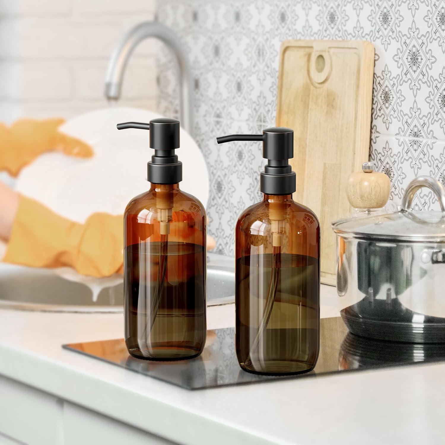 Amber Glass Soap Dispensers (2 Count)
