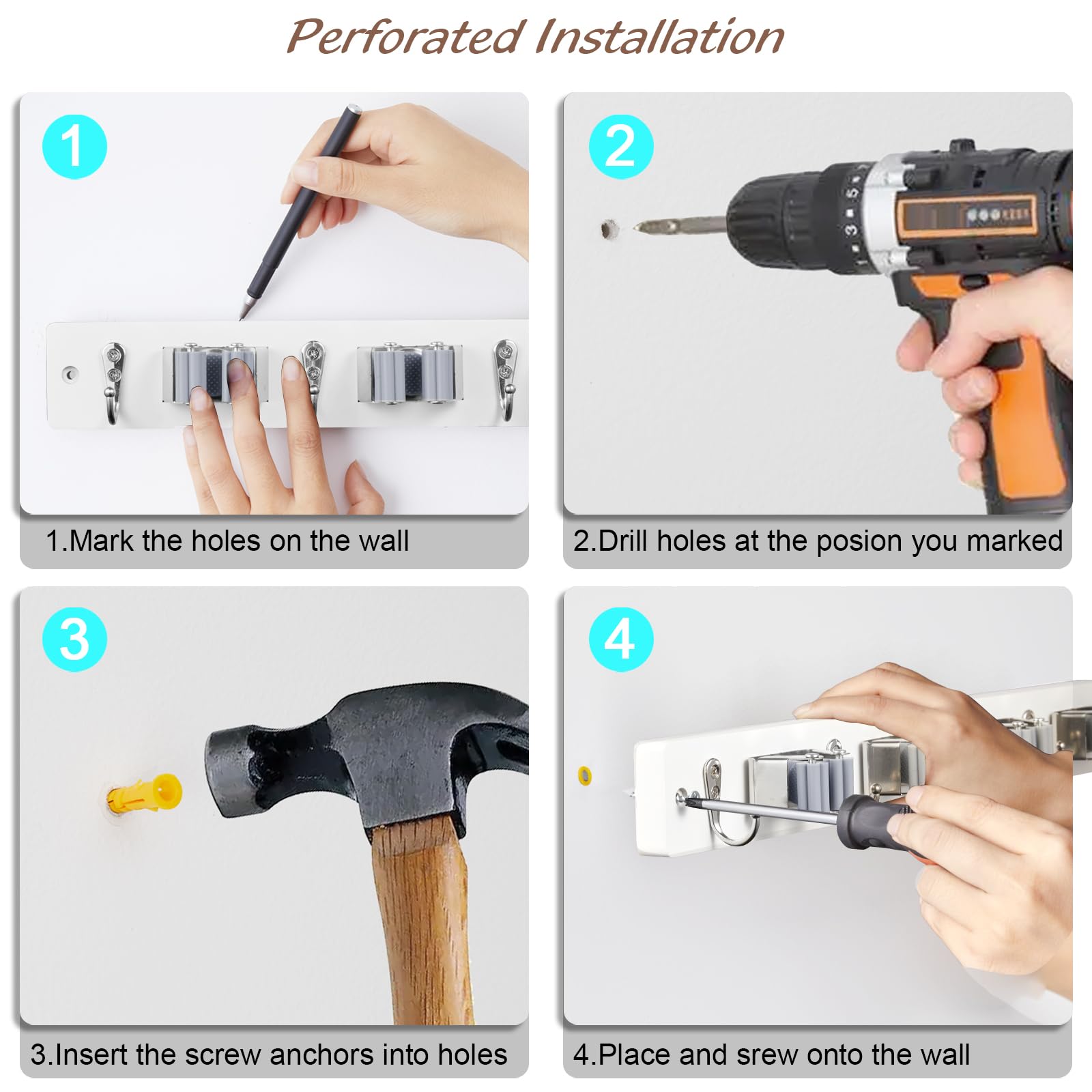 White Mop Broom Holder Wall Mount with 4 Slots & 4 Hooks