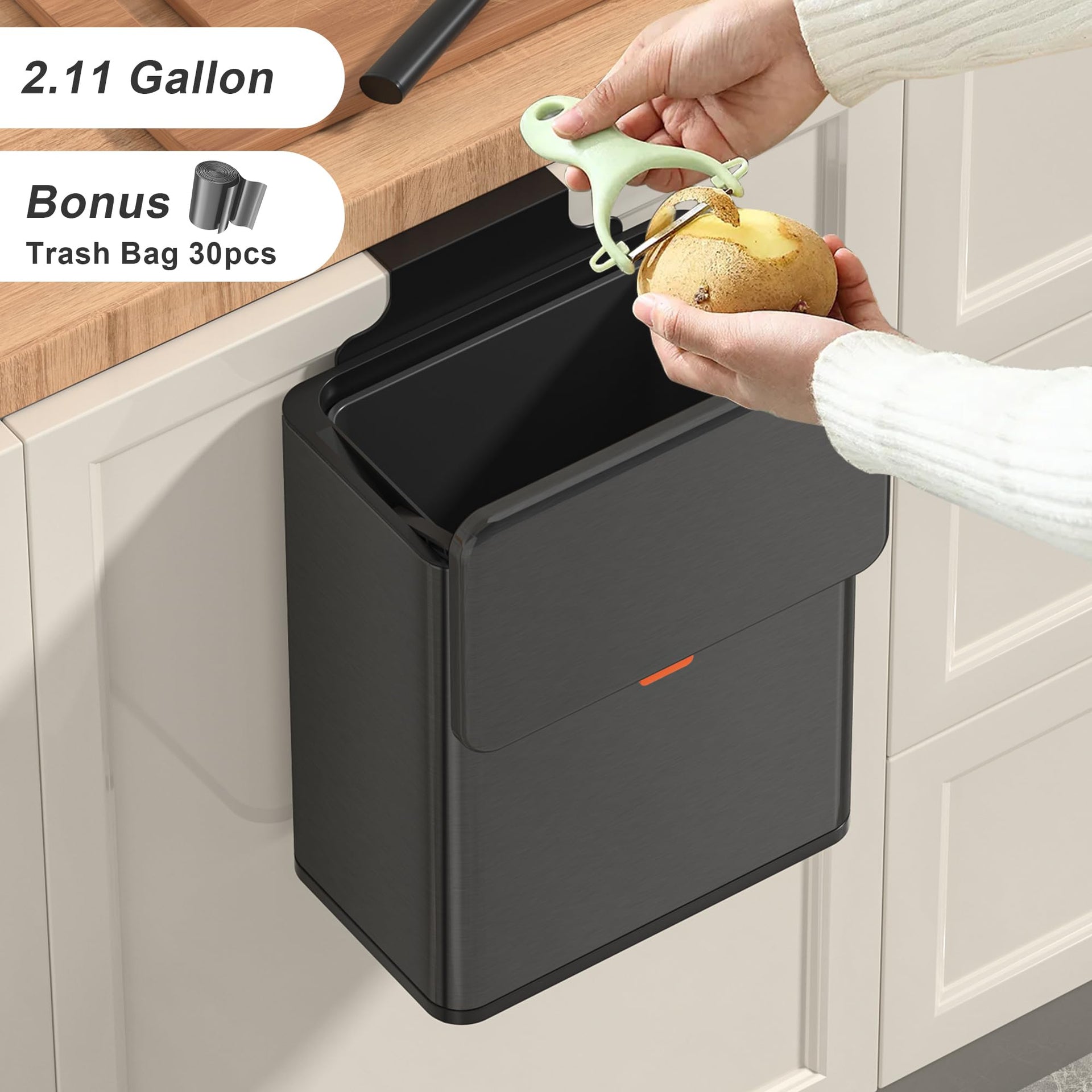 2.1 Gal Brushed Black Hanging Stainless Steel Compost Bin