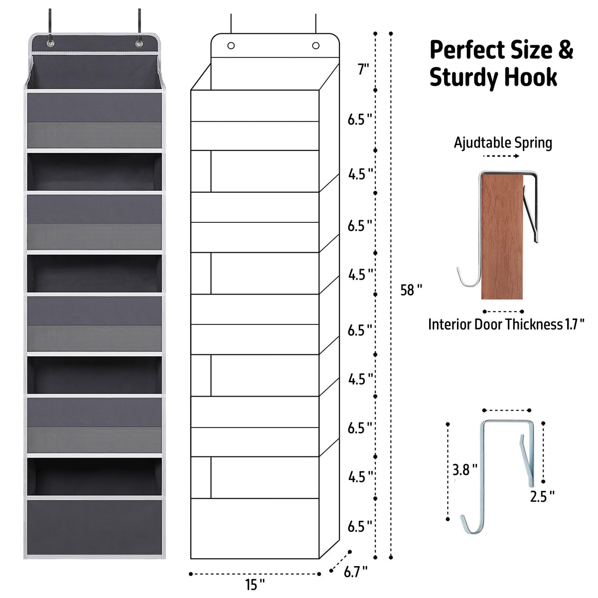 Gray Over Door Organizer with 5 Large Clear Pockets and 6 Side Mesh Pockets