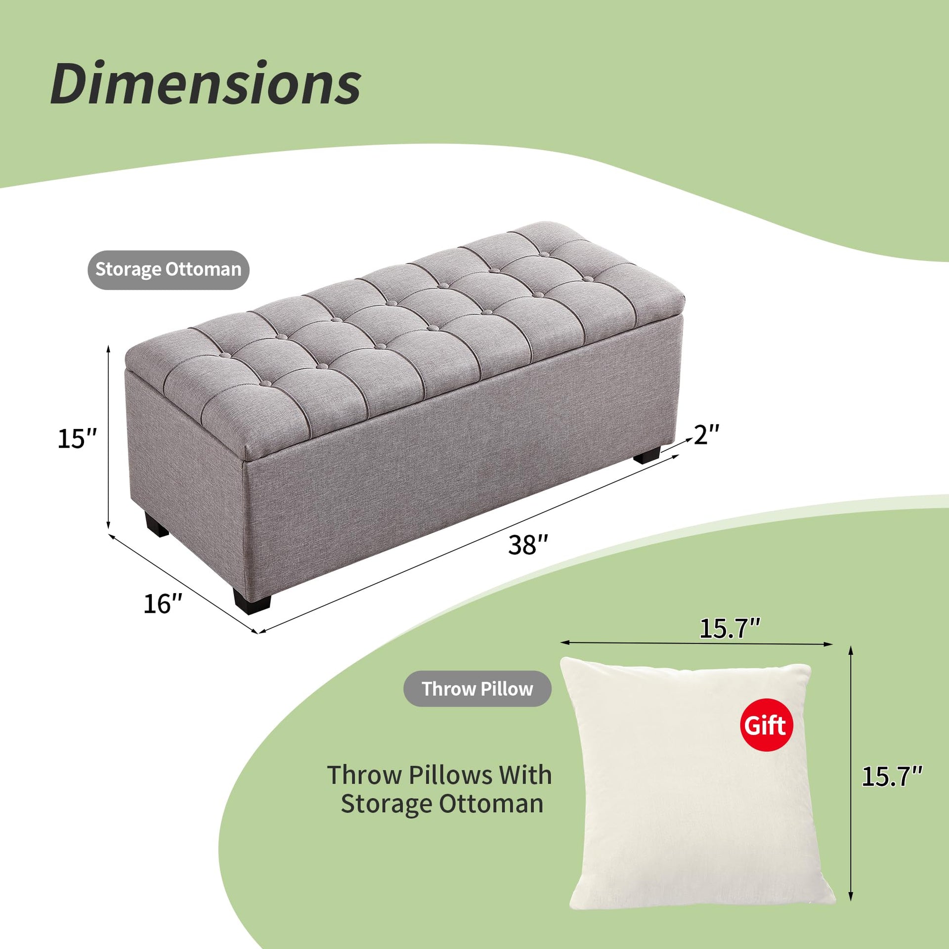 Large Soft Gray Fabric 38 Inch Storage Bench with Hinged Lid and Foot Rest
