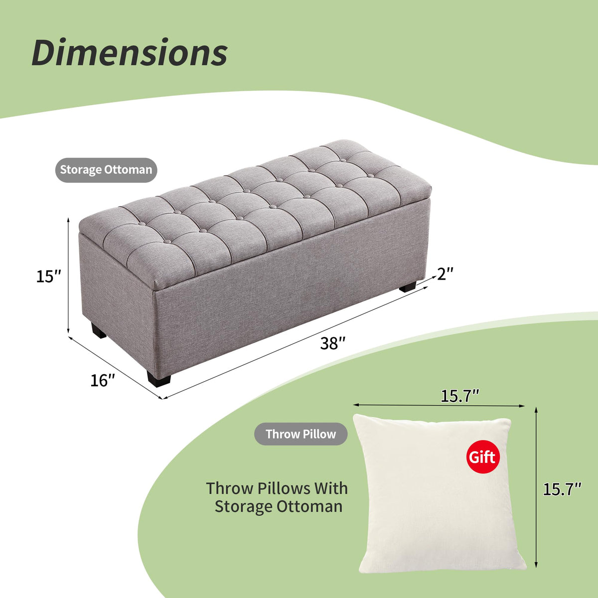 Large Soft Gray Fabric 38 Inch Storage Bench with Hinged Lid and Foot Rest