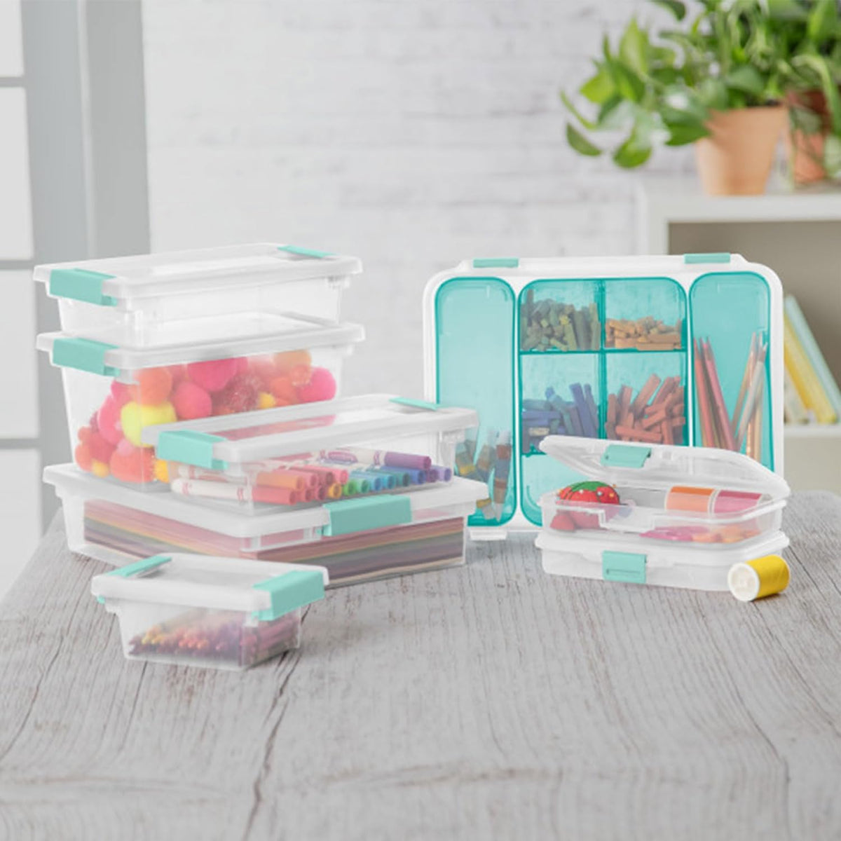 Sterilite 12-Pack Clip Box, Stackable Clear Plastic Bins with Latching Lids, Small - Writing, Arts or Crafts Supplies Storage Containers for Home, Office, Classroom and Workshop Organization