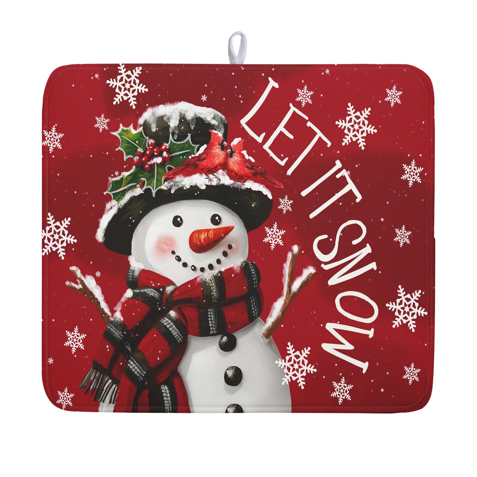 Merry Christmas Dish Drying Mat for Kitchen Counter 16x18 Inch Winter Snowman Dish Draining Mat Xmas Snowflakes Decorations Fast Absorbent Tableware Cardinal Birld Dishes Pad for Coffee Bar Countertop