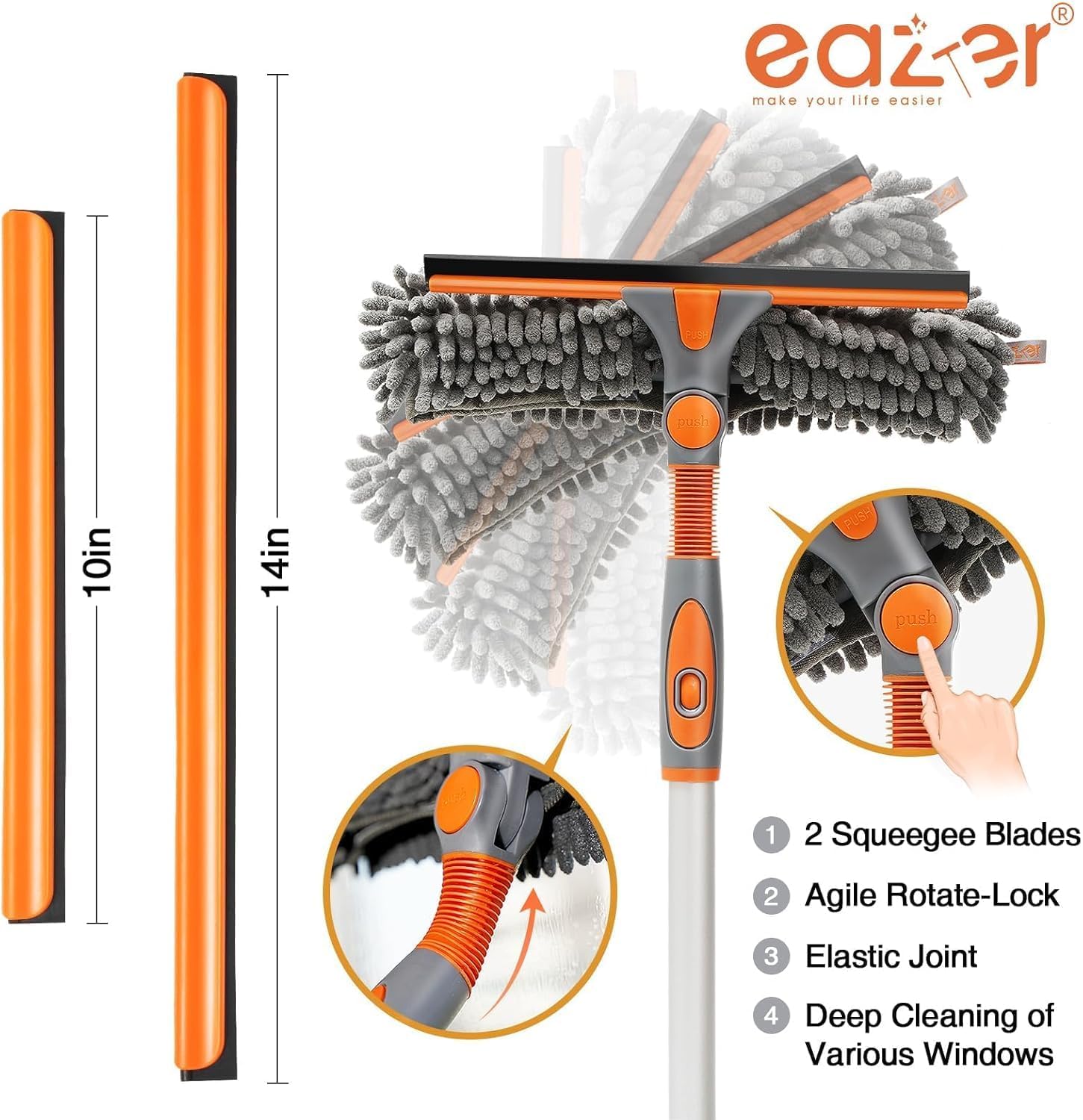 2-in-1 Window Cleaner Tool, 64'' Window Squeegee for Home, Window Cleaning Squeegee Kit with Telescopic Pole, Window Washing Kit with Rotatable Bendable Head(Threaded + Telescopic) - EAW01