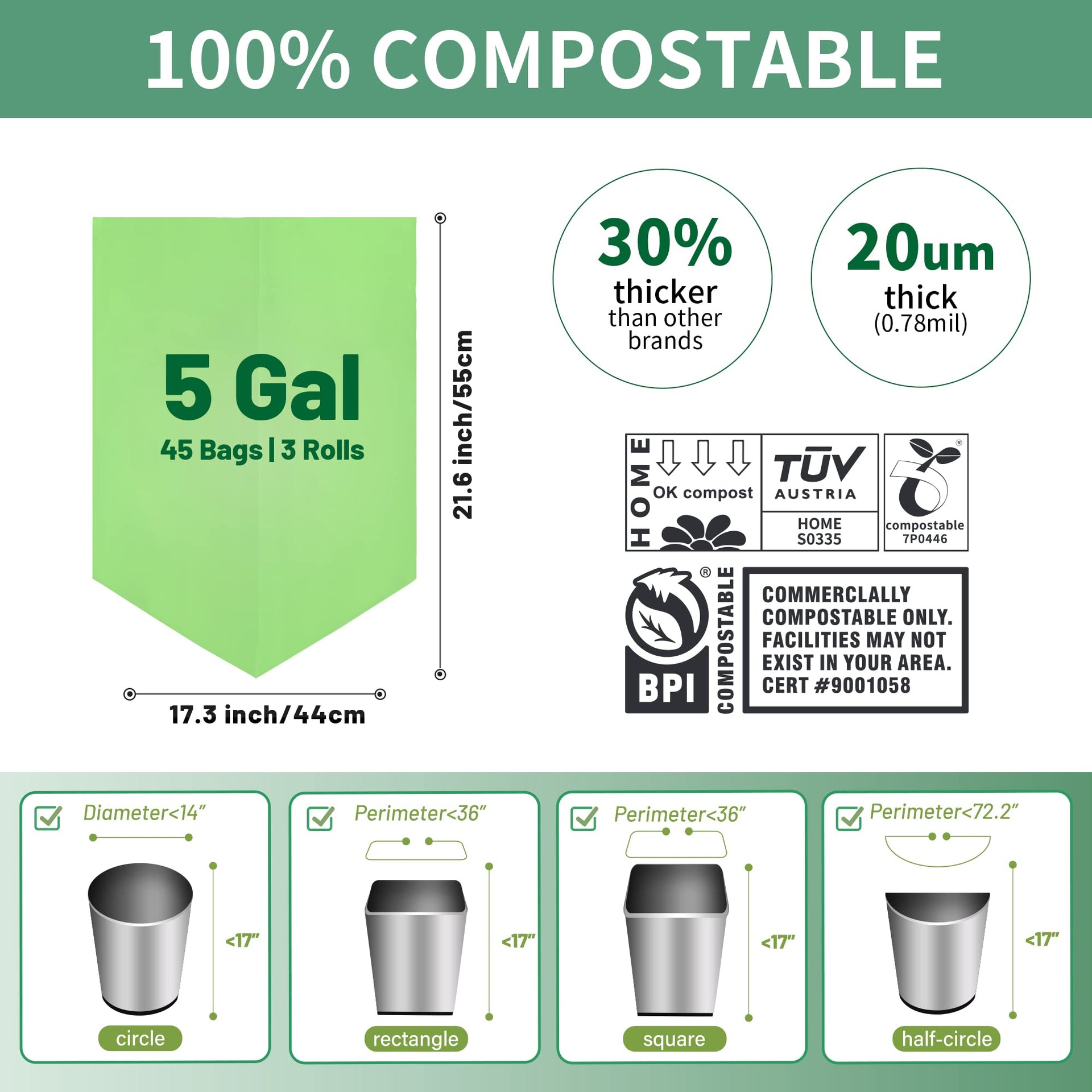 5 Gallon Trash Bags Compostable Compost Small Garbage Bag Extra Thick 0.78 Mil for Kitchen Bathroom BPI Certified 45 Counts