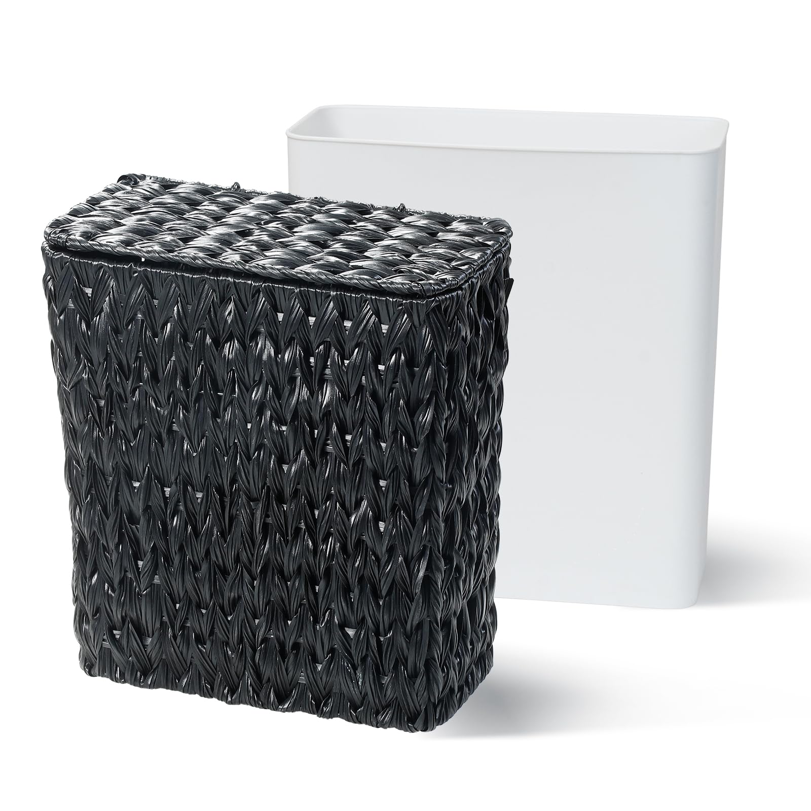 Black Wicker Trash Can with Lid and Liner