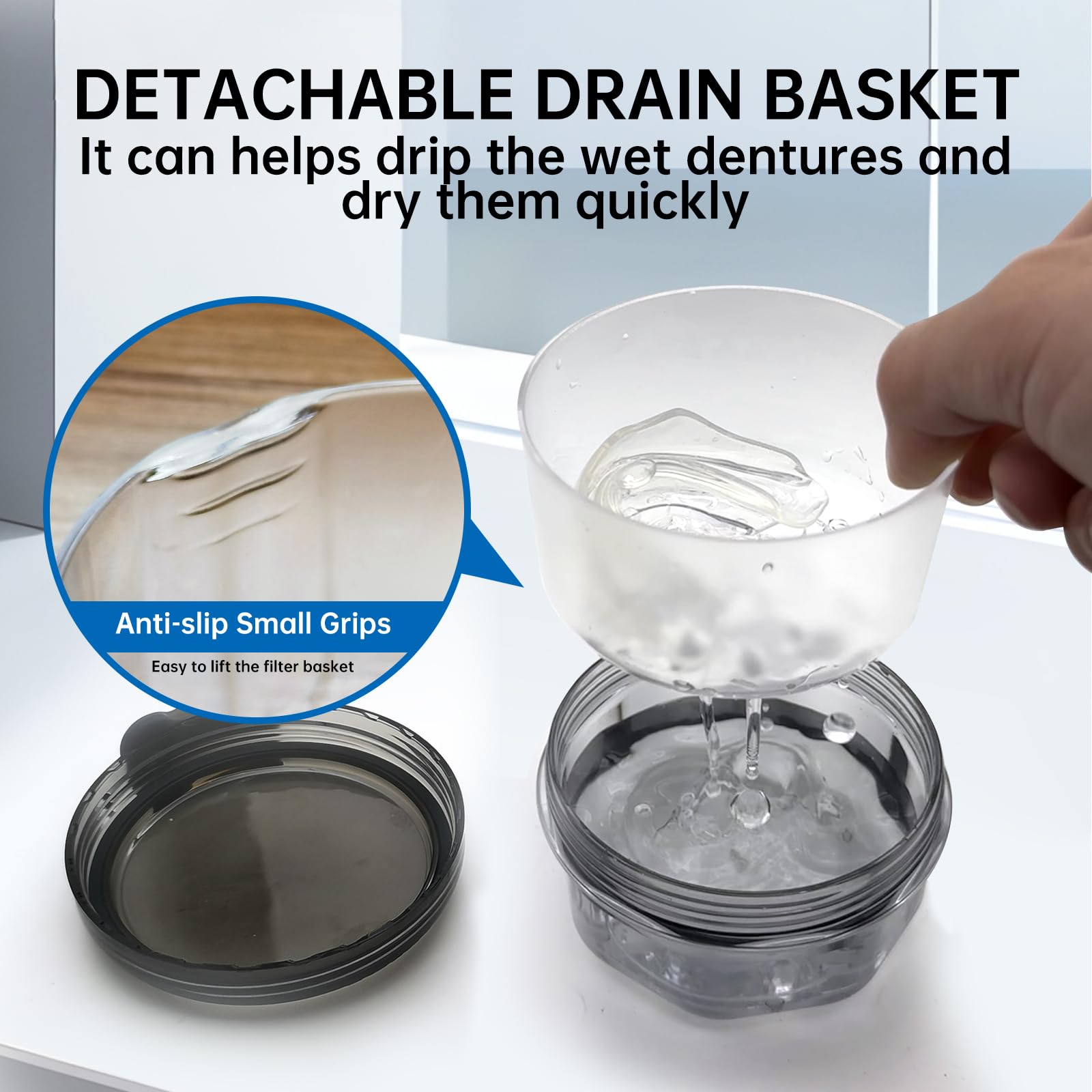 Leak Proof Denture Cups for Soaking Dentures with Strainer Basket and Brush