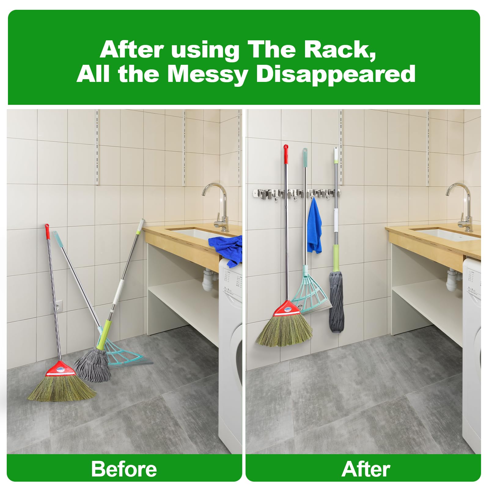 3 Racks and 4 Hooks Mop and Broom Holder Wall Mount