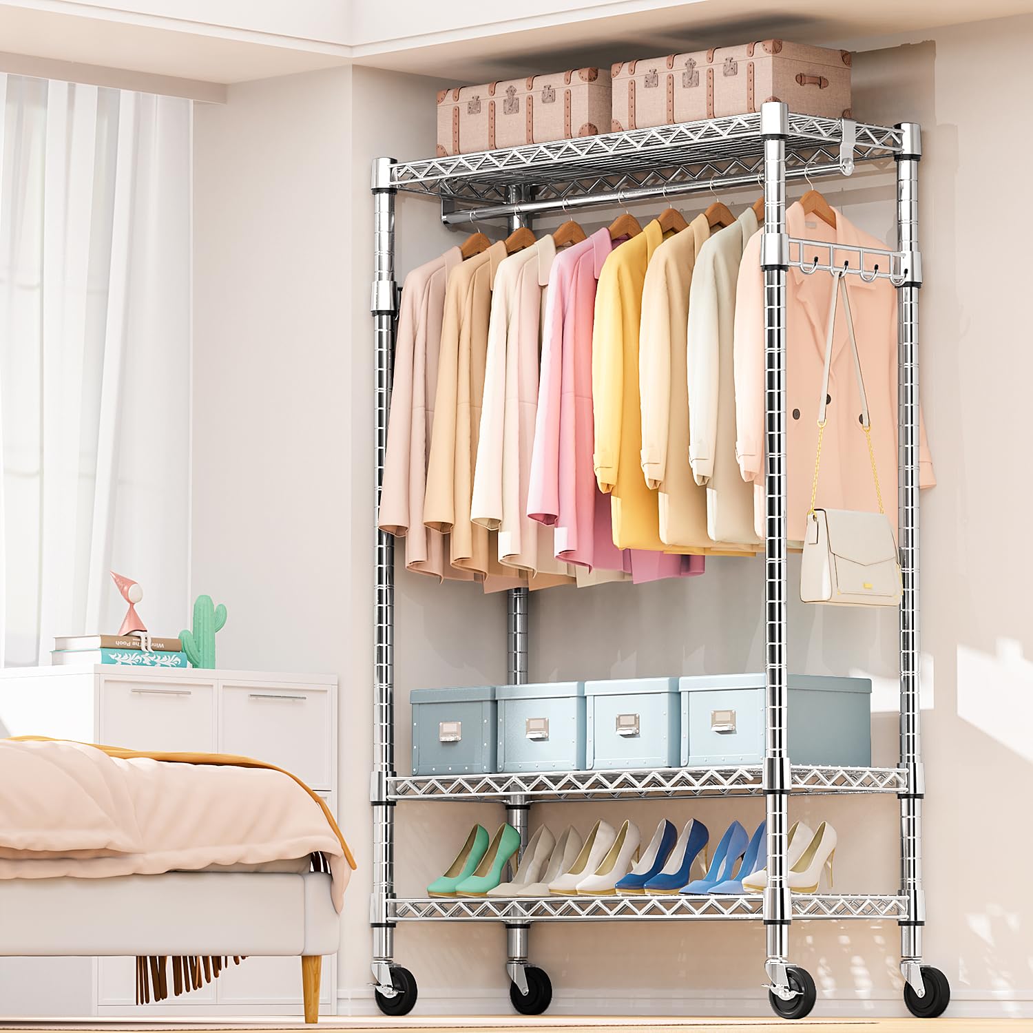 Heavy Duty Rolling Garment Rack 3 Tiers Adjustable Wire Shelving Clothes Rack with Rods and Side Hooks