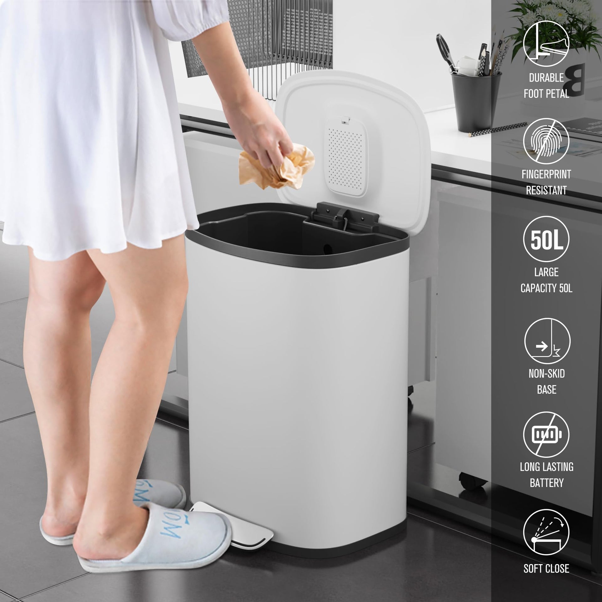 13 Gallon Stainless Steel Foot Pedal Large Trash Can with Soft Close Quiet Curved Surface Top Lid and Deodorant Storage Space
