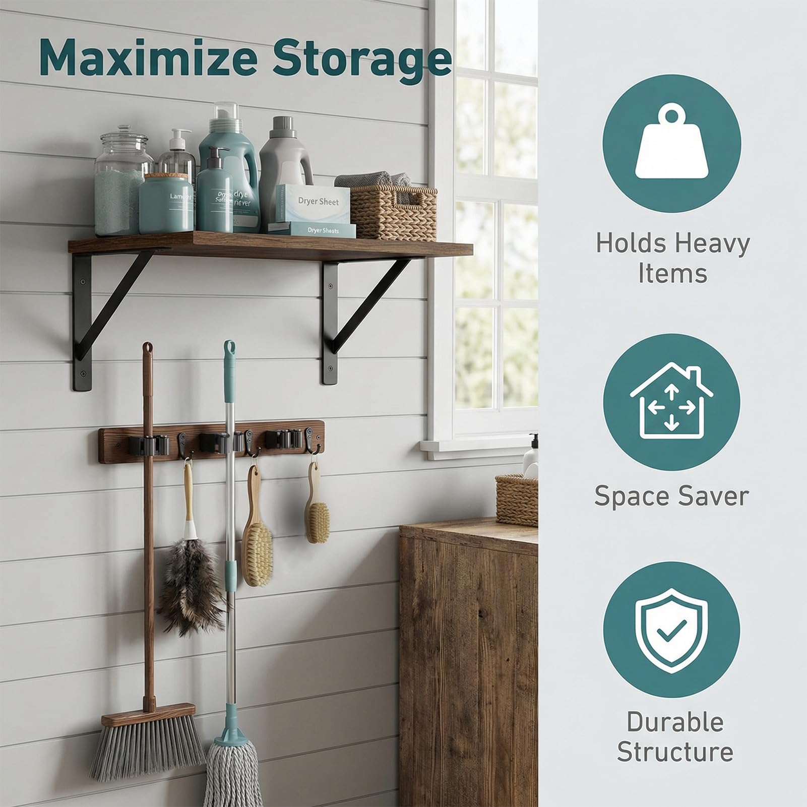 Broom and Mop Organizer Wall Hanging with Cleaning Supplies Organizer Shelf Rustic Farmhouse Wood Broom Mop Holder Storage Rack for Laundry Room Garage