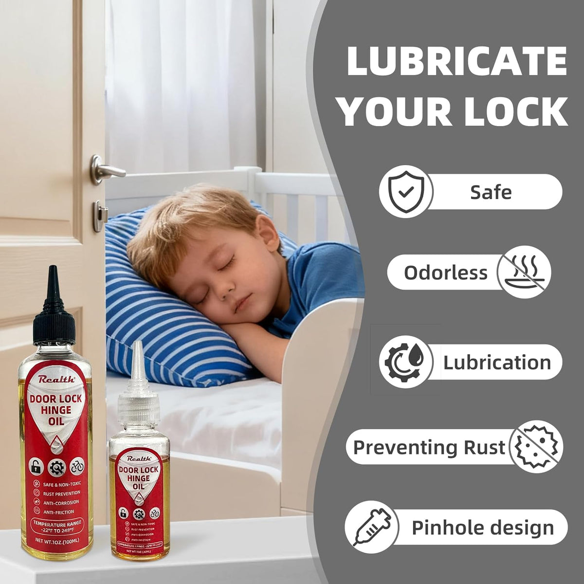 Realth Garage Door Lube -Door Hinge Lubricant for Metal Parts, Locks, Chains, Keyholes - Long-Lasting, Non-Toxic, Rust-Resistant Liquid Penetrating Oil with Precision Oiler Needle (30ml*2Pack)