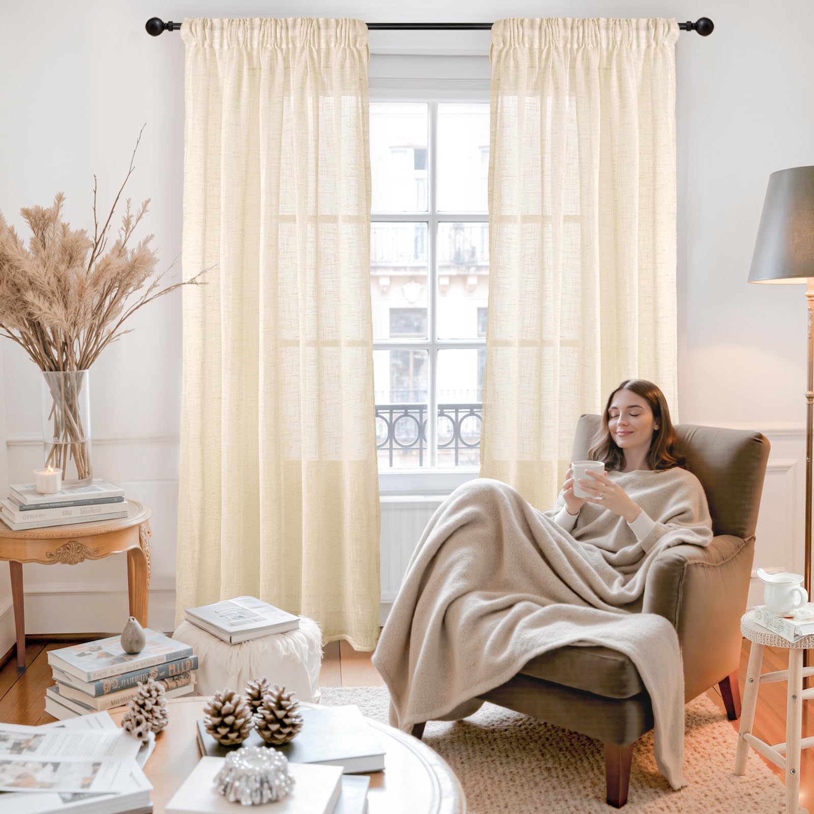 Linen Semi Sheer Curtains 72 Inch Length Cream Beige Drapes (2 Count)