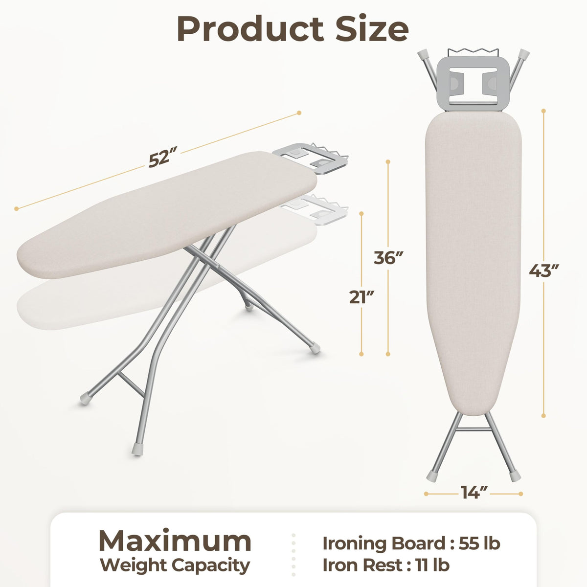 Ironing Board 43"x14" with Heavy Duty Iron Rest