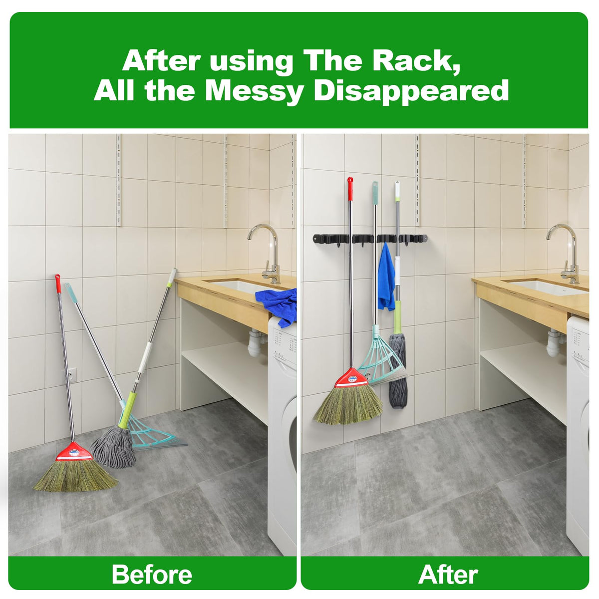 2 Pack] 5 Racks and 4 Hooks Mop and Broom Holder Wall Mount (2 Count)