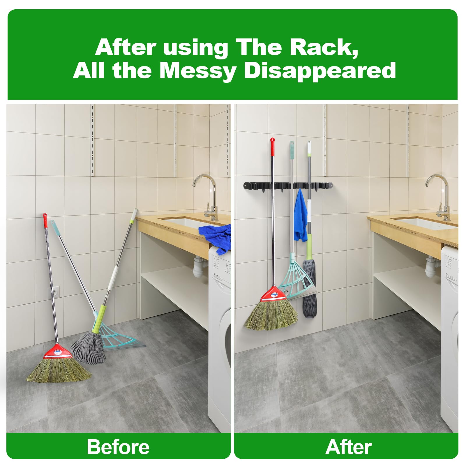 3 Racks and 4 Hooks Mop and Broom Holder Wall Mount